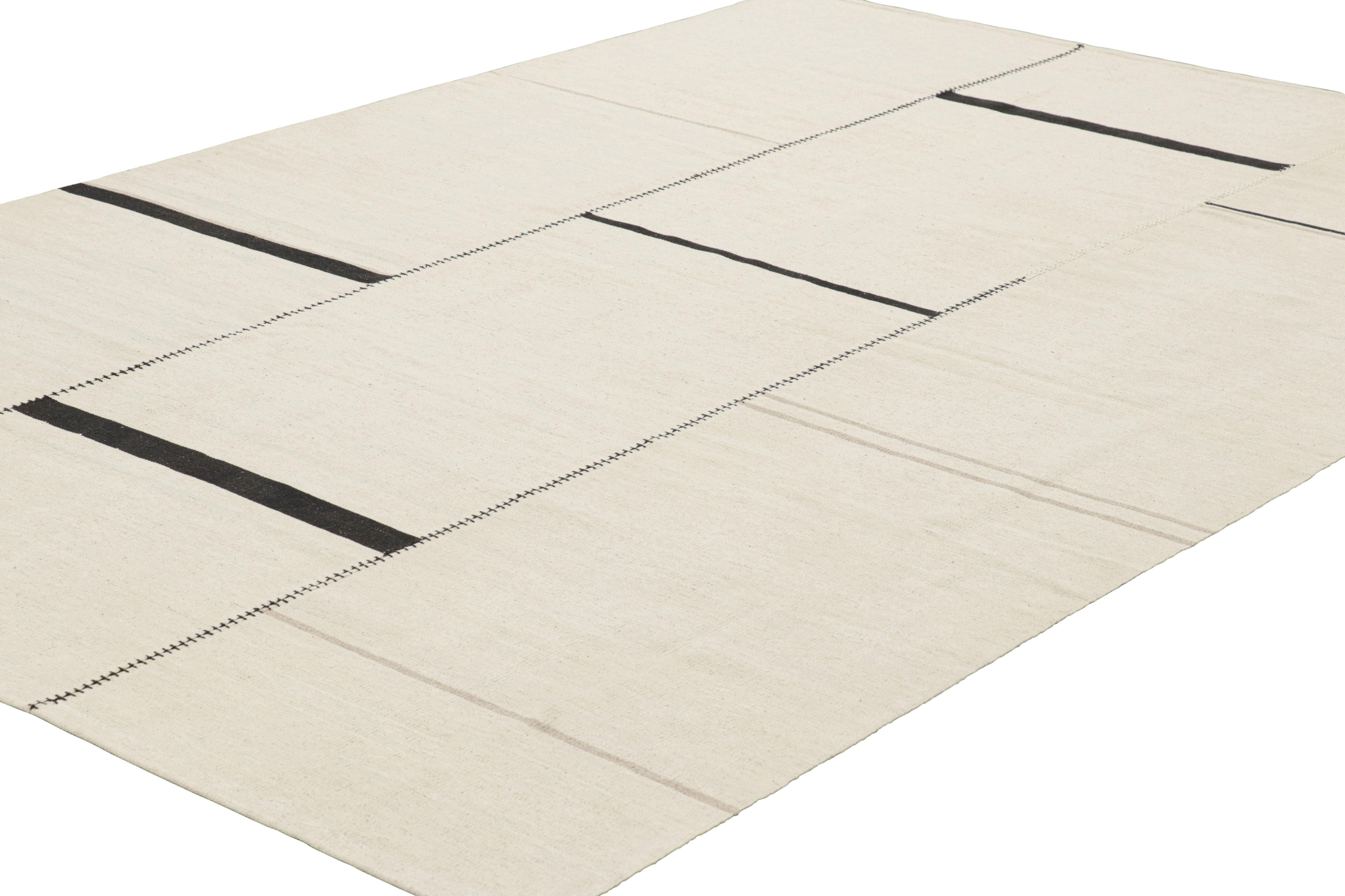Hand-Woven Rug & Kilim’s Contemporary Kilim, White and Black Textural Stripes, Taupe Accent For Sale