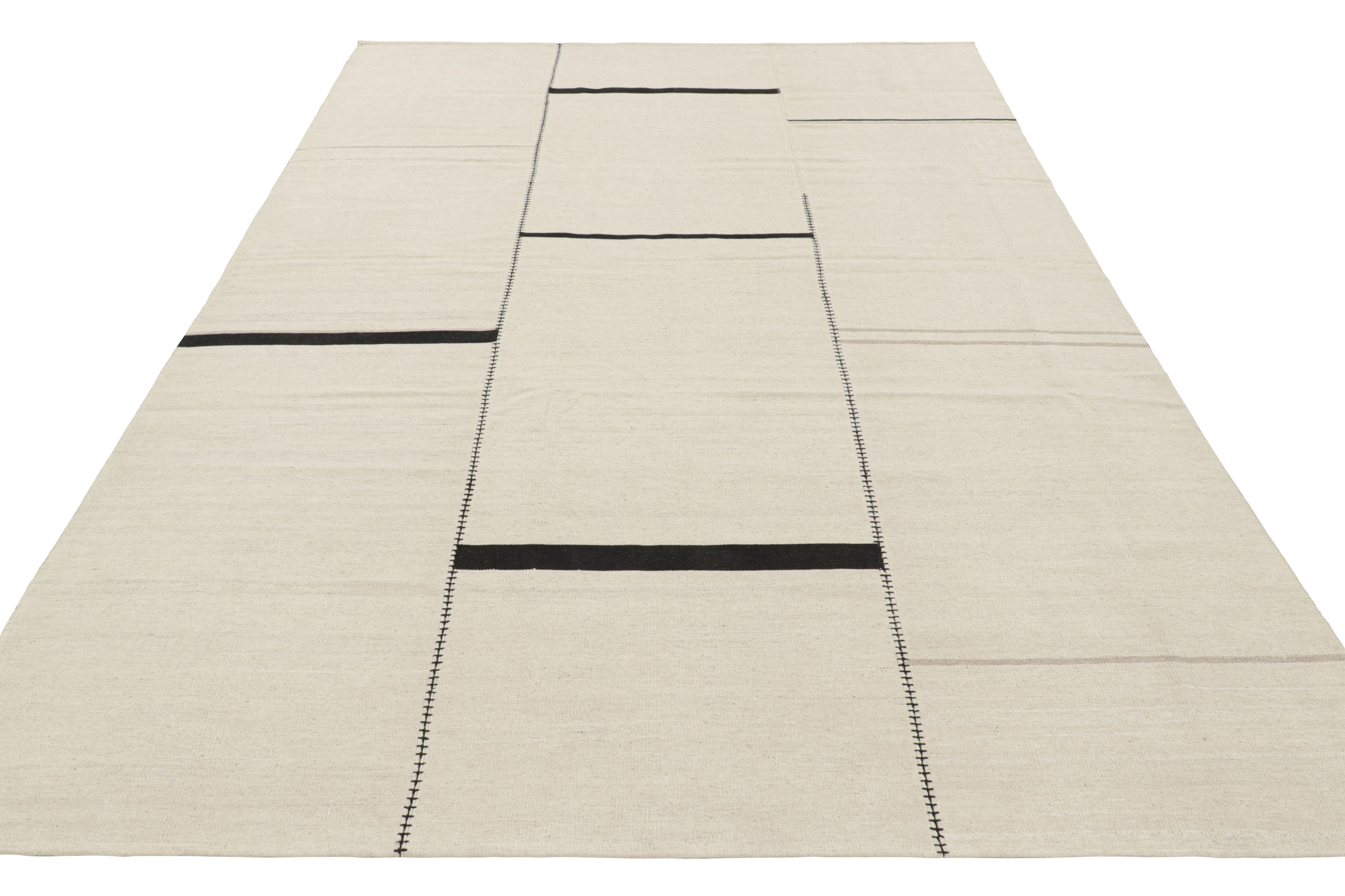 Rug & Kilim’s Contemporary Kilim, White and Black Textural Stripes, Taupe Accent In New Condition For Sale In Long Island City, NY
