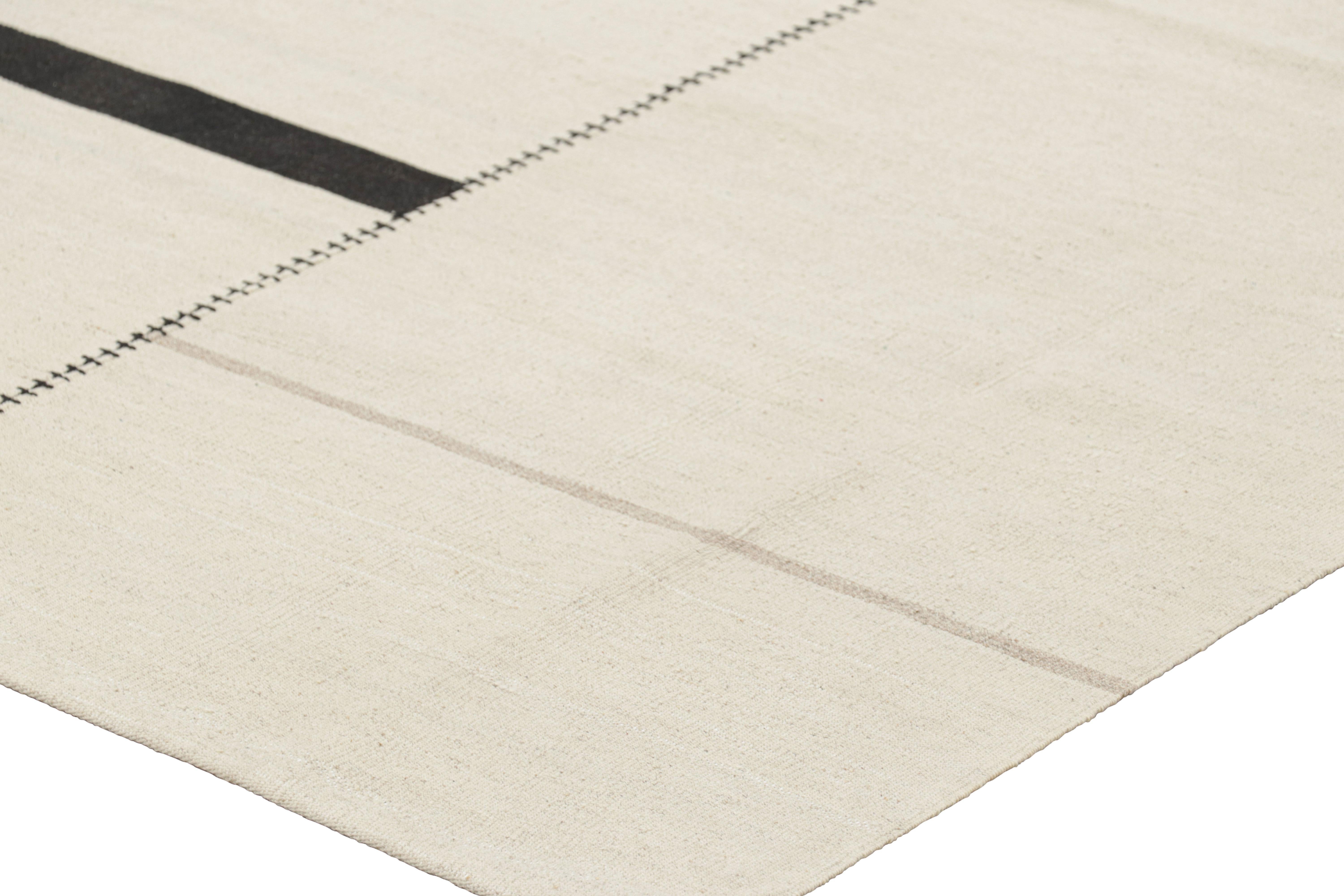 Wool Rug & Kilim’s Contemporary Kilim, White and Black Textural Stripes, Taupe Accent For Sale