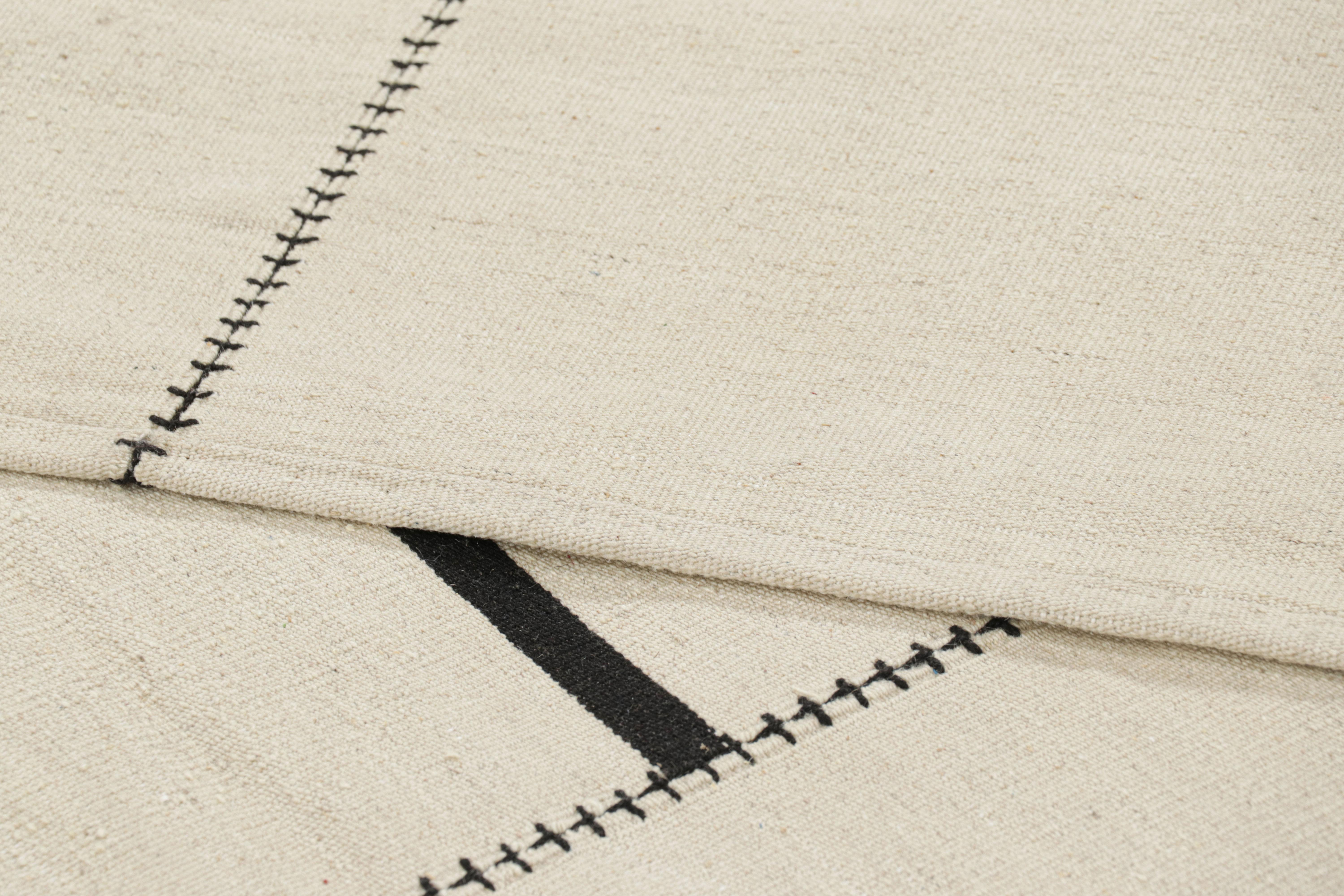 Rug & Kilim’s Contemporary Kilim, White and Black Textural Stripes, Taupe Accent For Sale 1