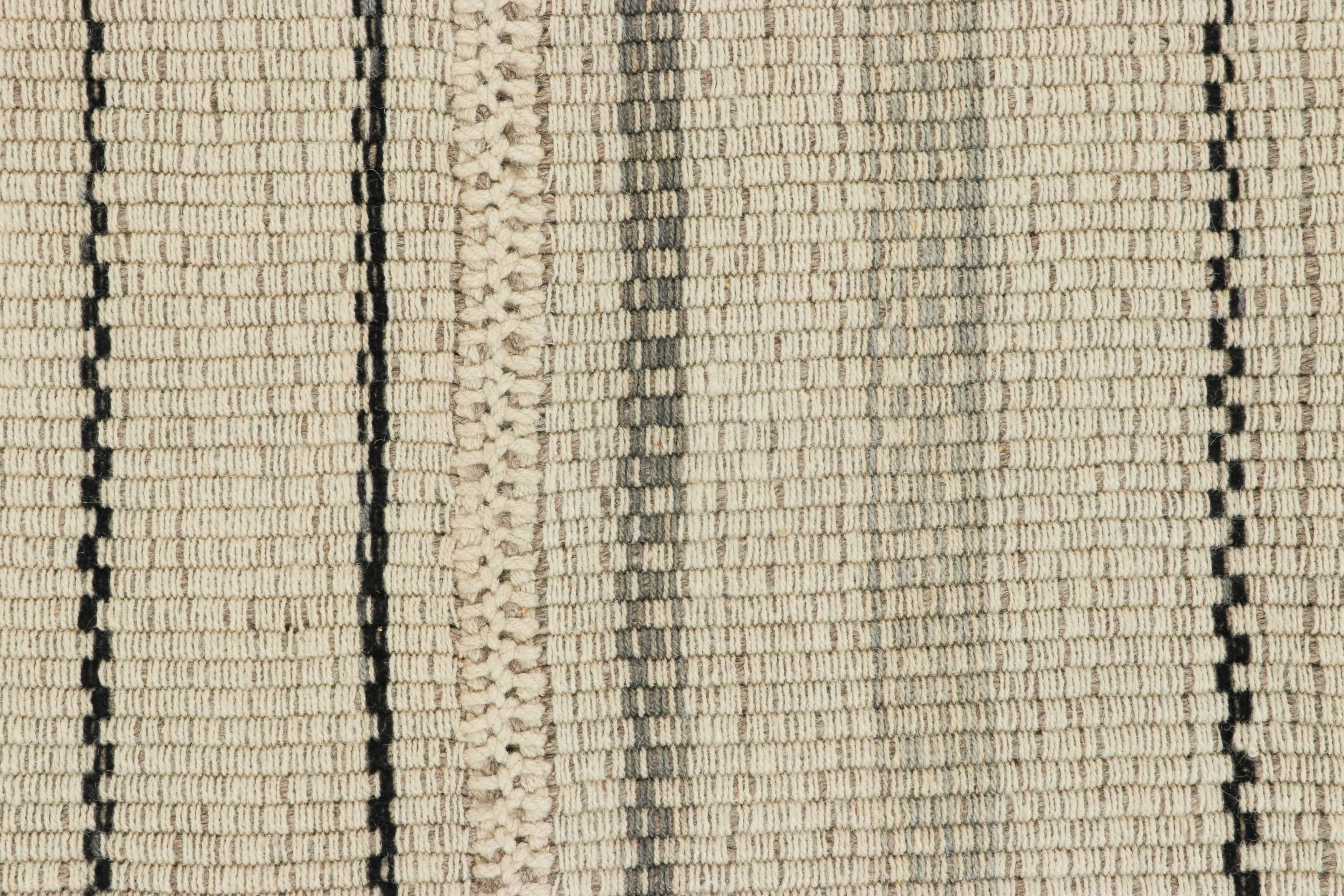 Afghan Rug & Kilim’s Contemporary Kilim, White with Black and Gray Textural Stripes For Sale