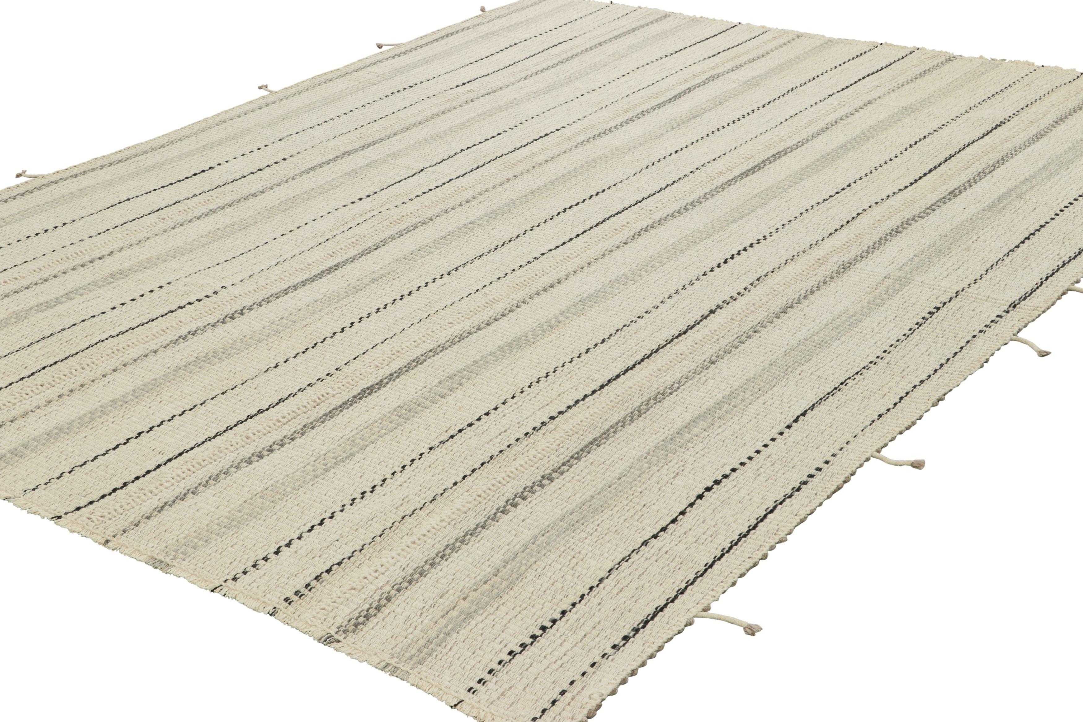 Hand-Woven Rug & Kilim’s Contemporary Kilim, White with Black and Gray Textural Stripes For Sale