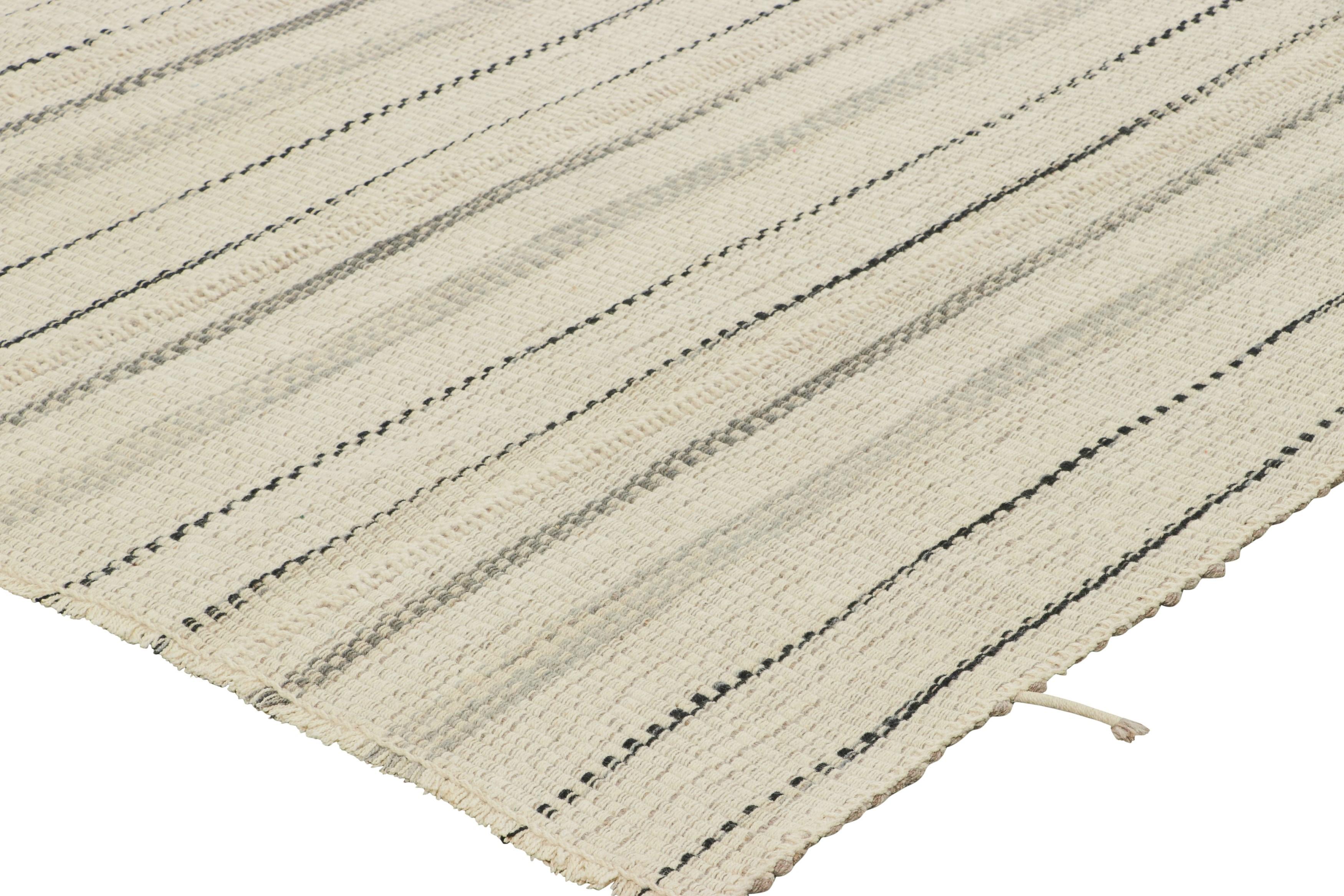 Wool Rug & Kilim’s Contemporary Kilim, White with Black and Gray Textural Stripes For Sale