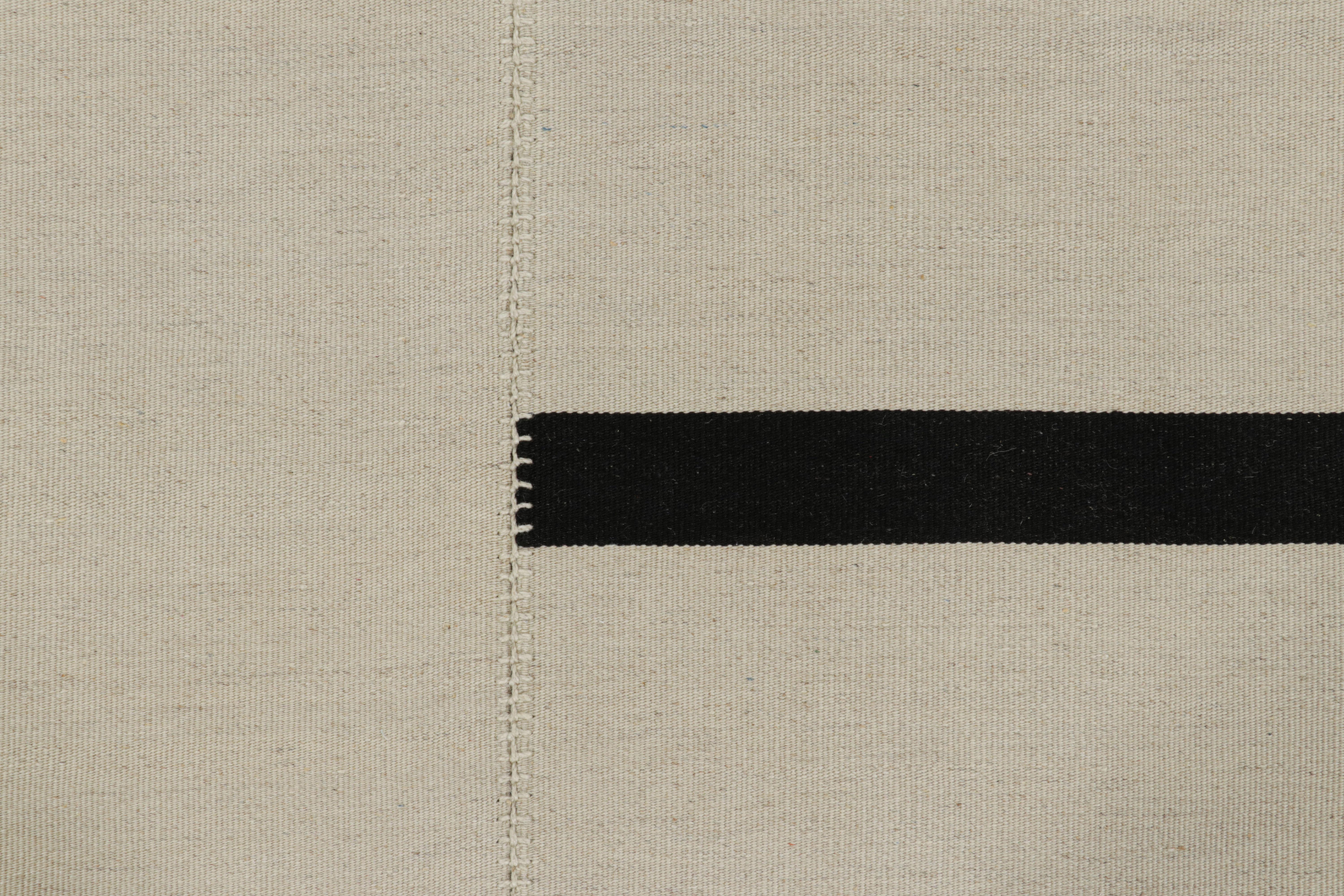Afghan Rug & Kilim’s Contemporary Kilim, White with Black Stripes, Beige Accents For Sale