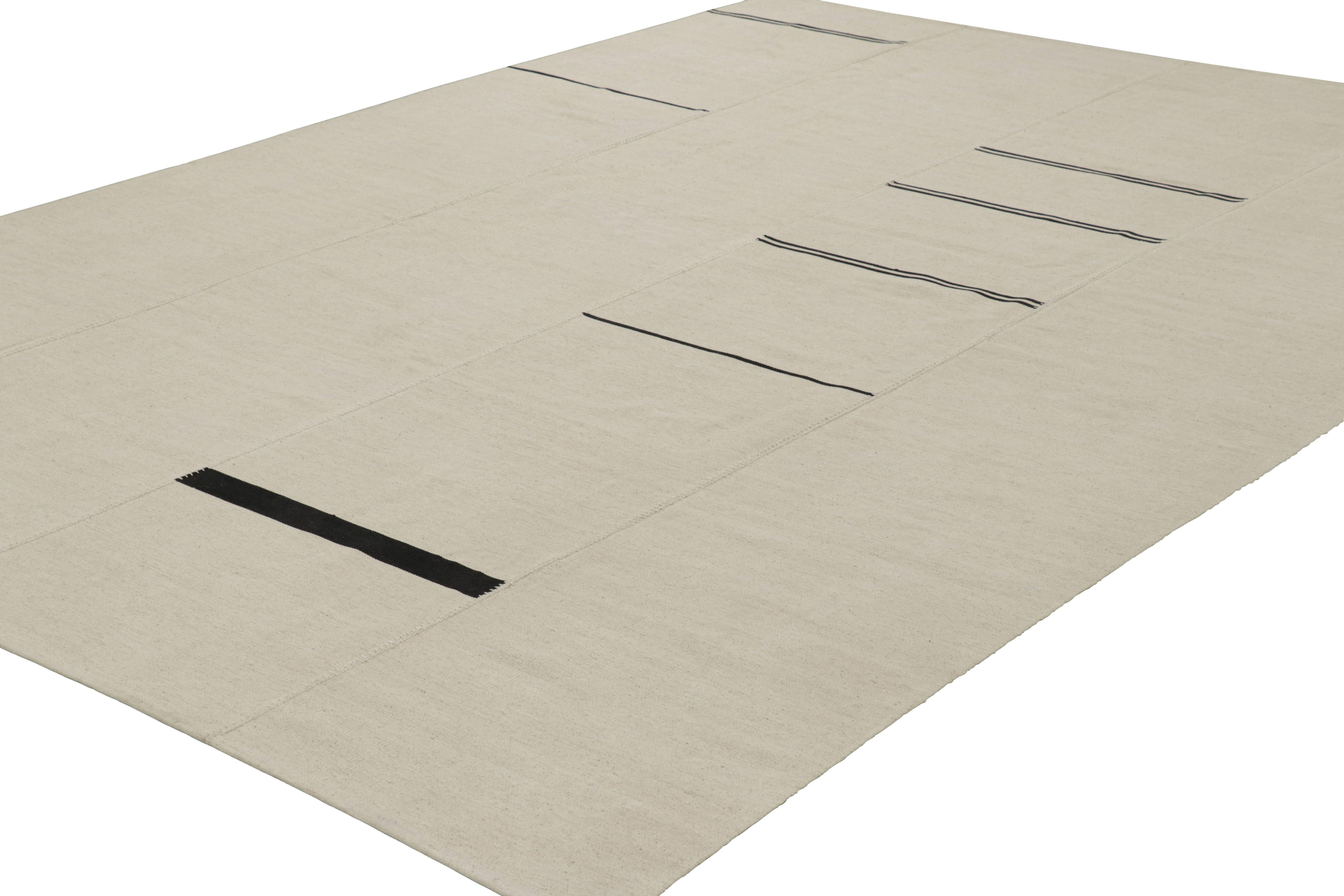 Hand-Woven Rug & Kilim’s Contemporary Kilim, White with Black Stripes, Beige Accents For Sale