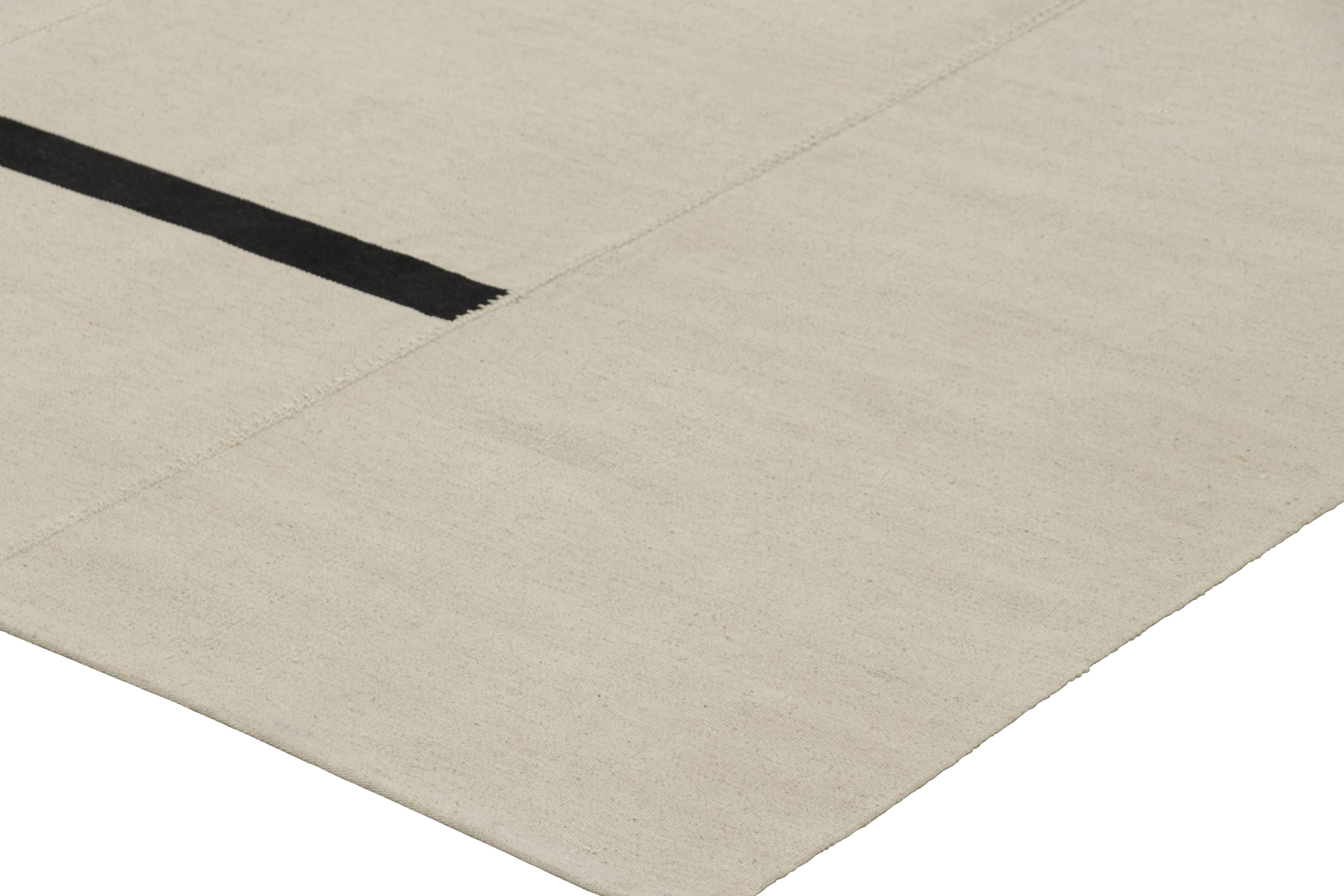 Wool Rug & Kilim’s Contemporary Kilim, White with Black Stripes, Beige Accents For Sale