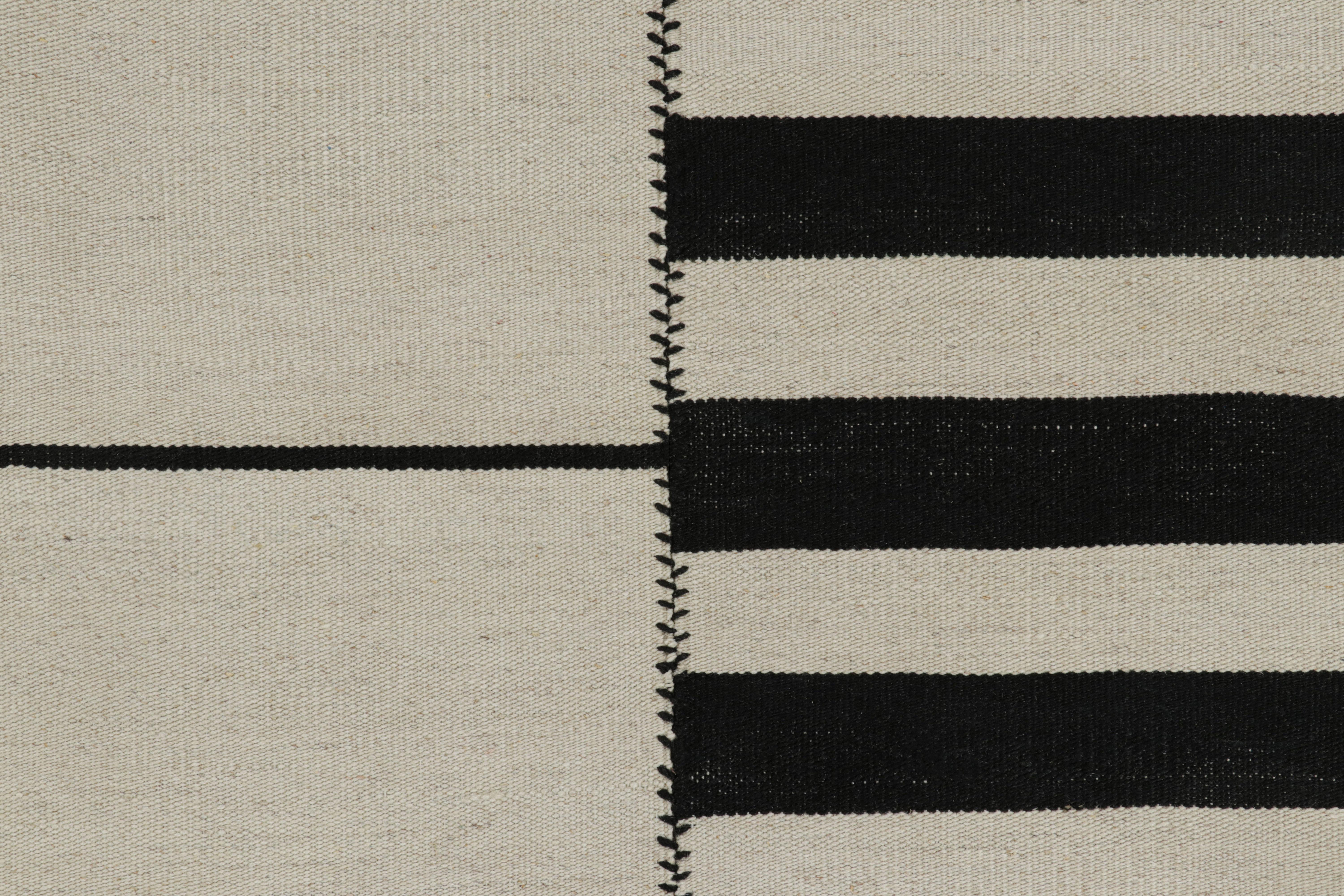 Afghan Rug & Kilim’s Contemporary Kilim, White with Black Textural Stripes For Sale