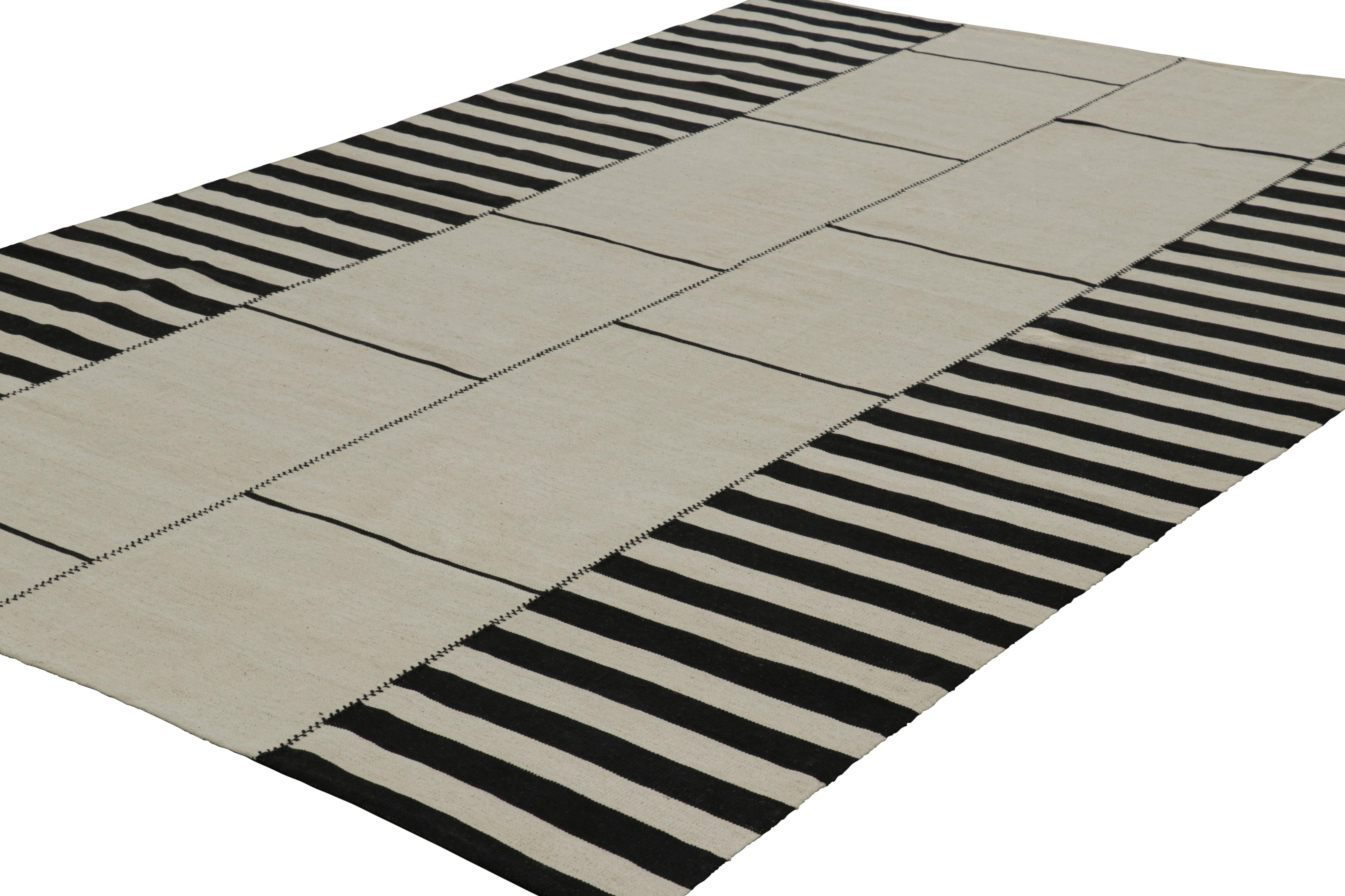 Hand-Woven Rug & Kilim’s Contemporary Kilim, White with Black Textural Stripes For Sale
