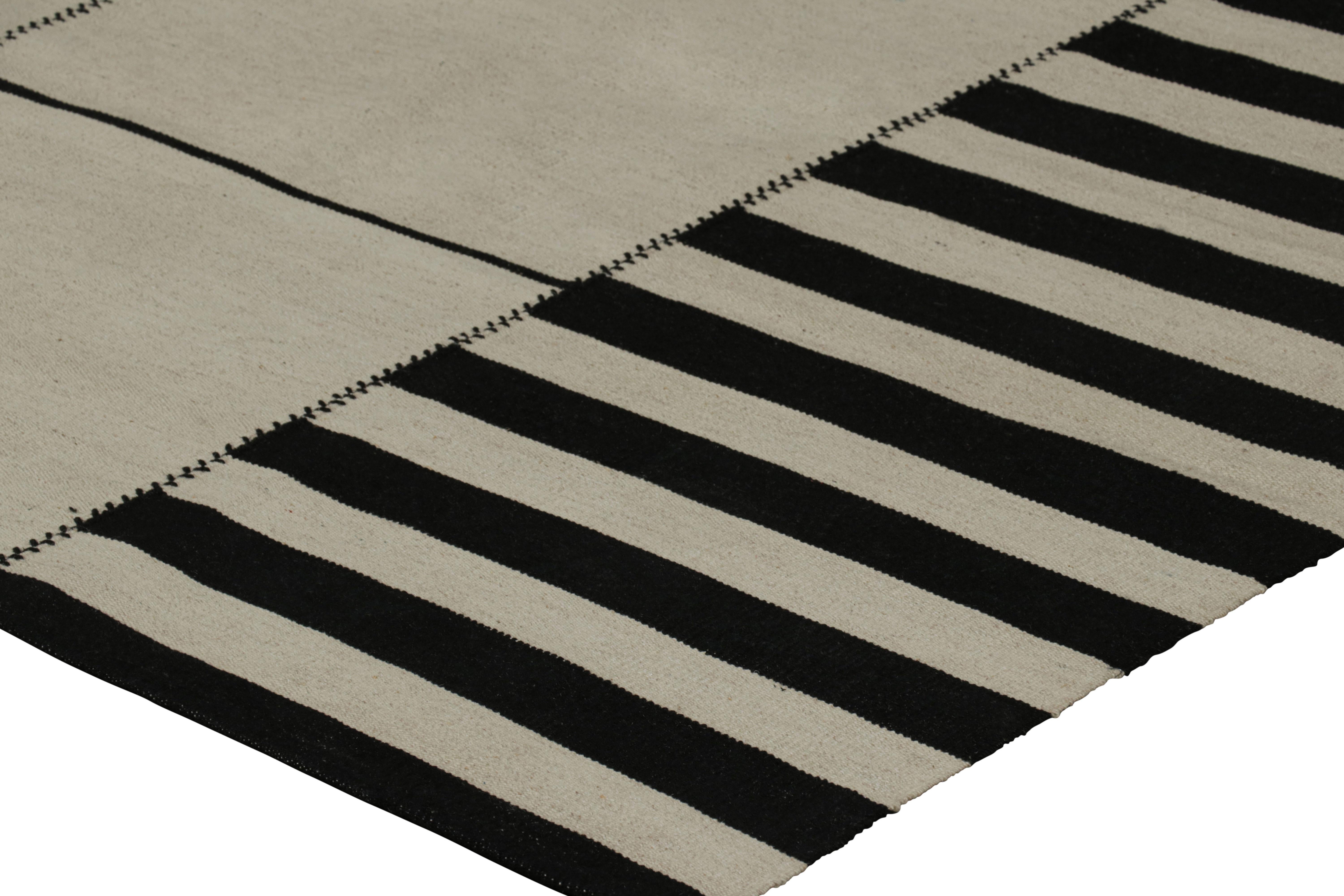Wool Rug & Kilim’s Contemporary Kilim, White with Black Textural Stripes For Sale
