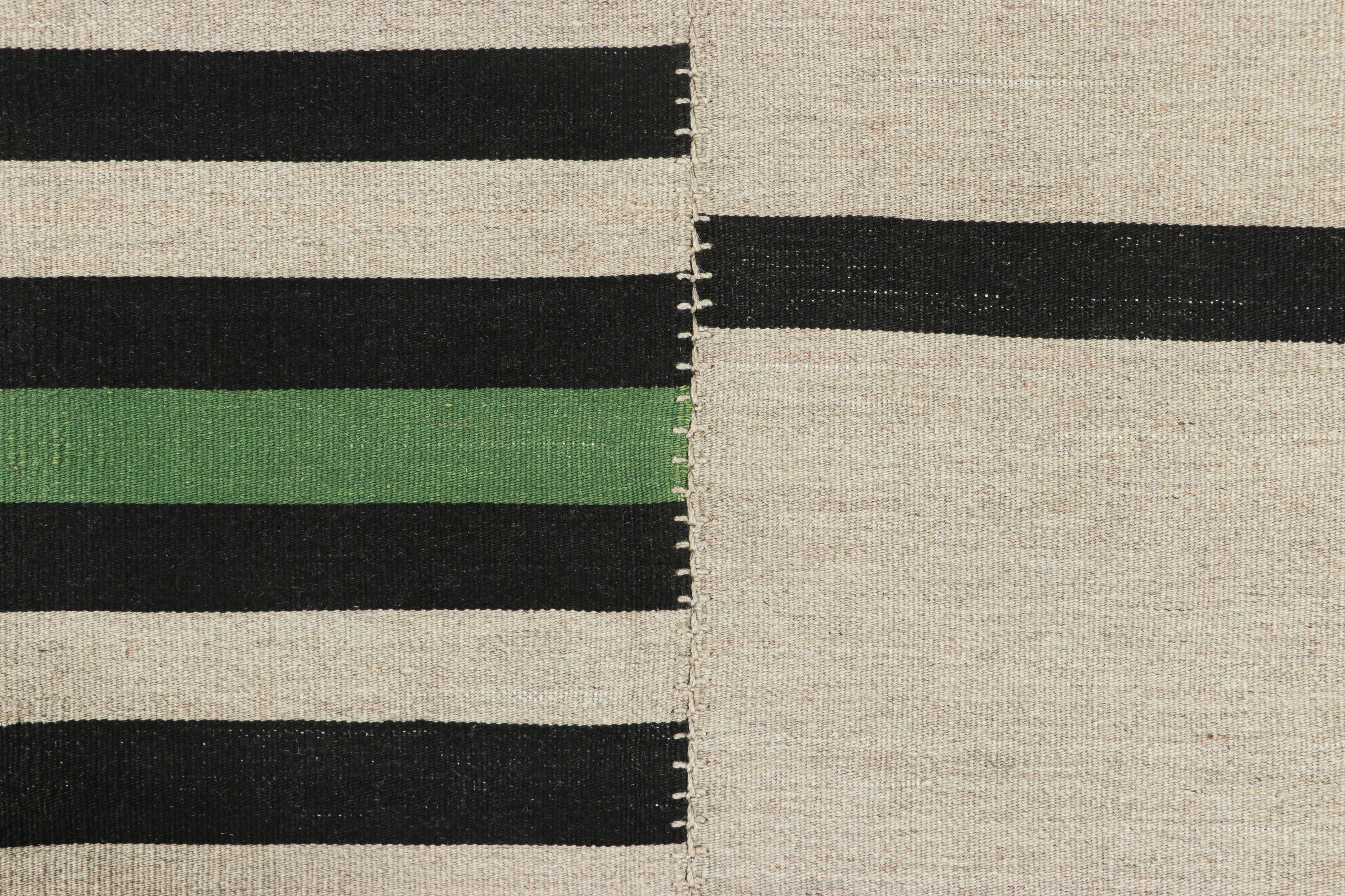 Afghan Rug & Kilim’s Contemporary Kilim with Beige and Black Stripes, Green Accents For Sale