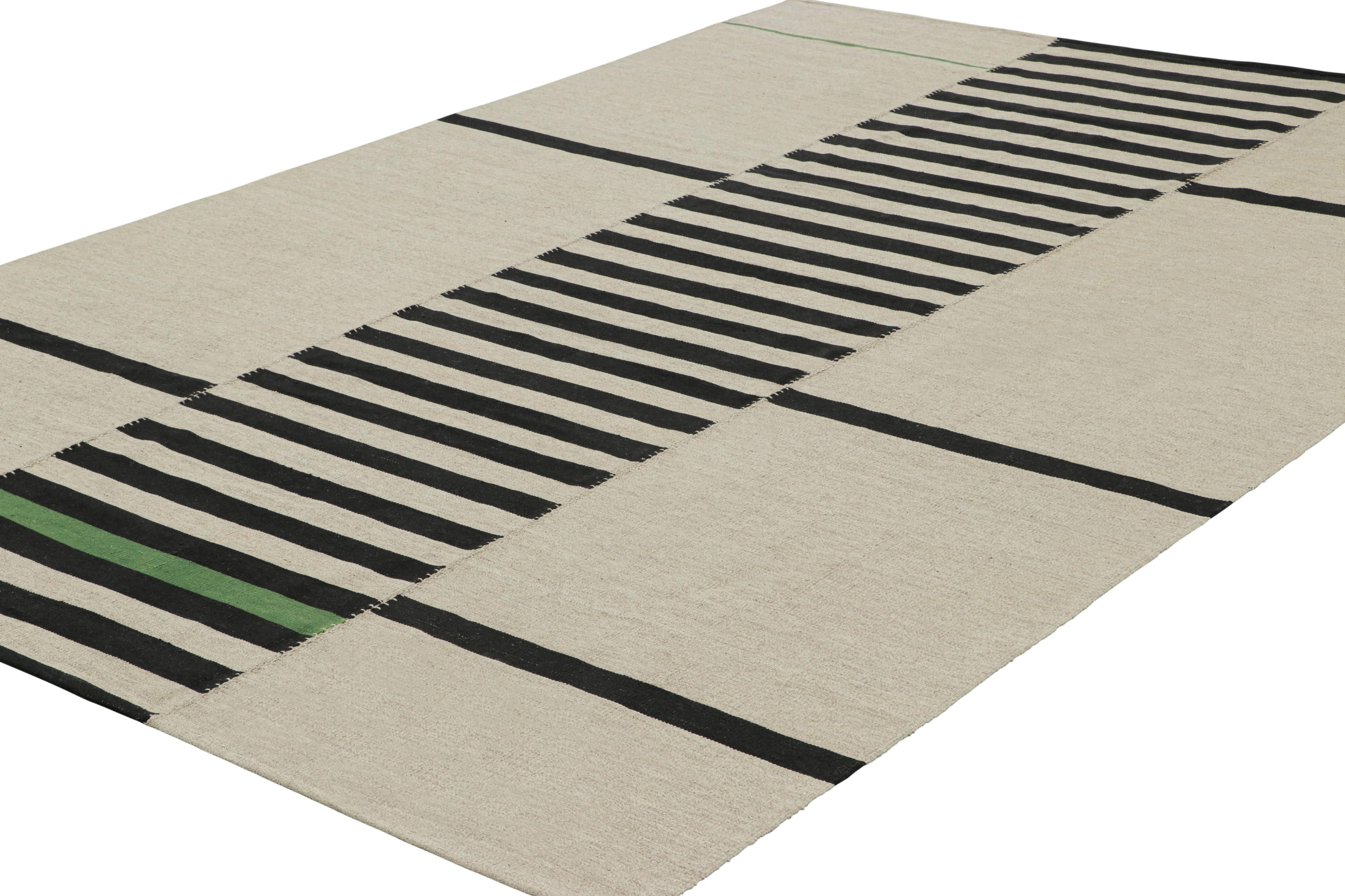 Hand-Woven Rug & Kilim’s Contemporary Kilim with Beige and Black Stripes, Green Accents For Sale
