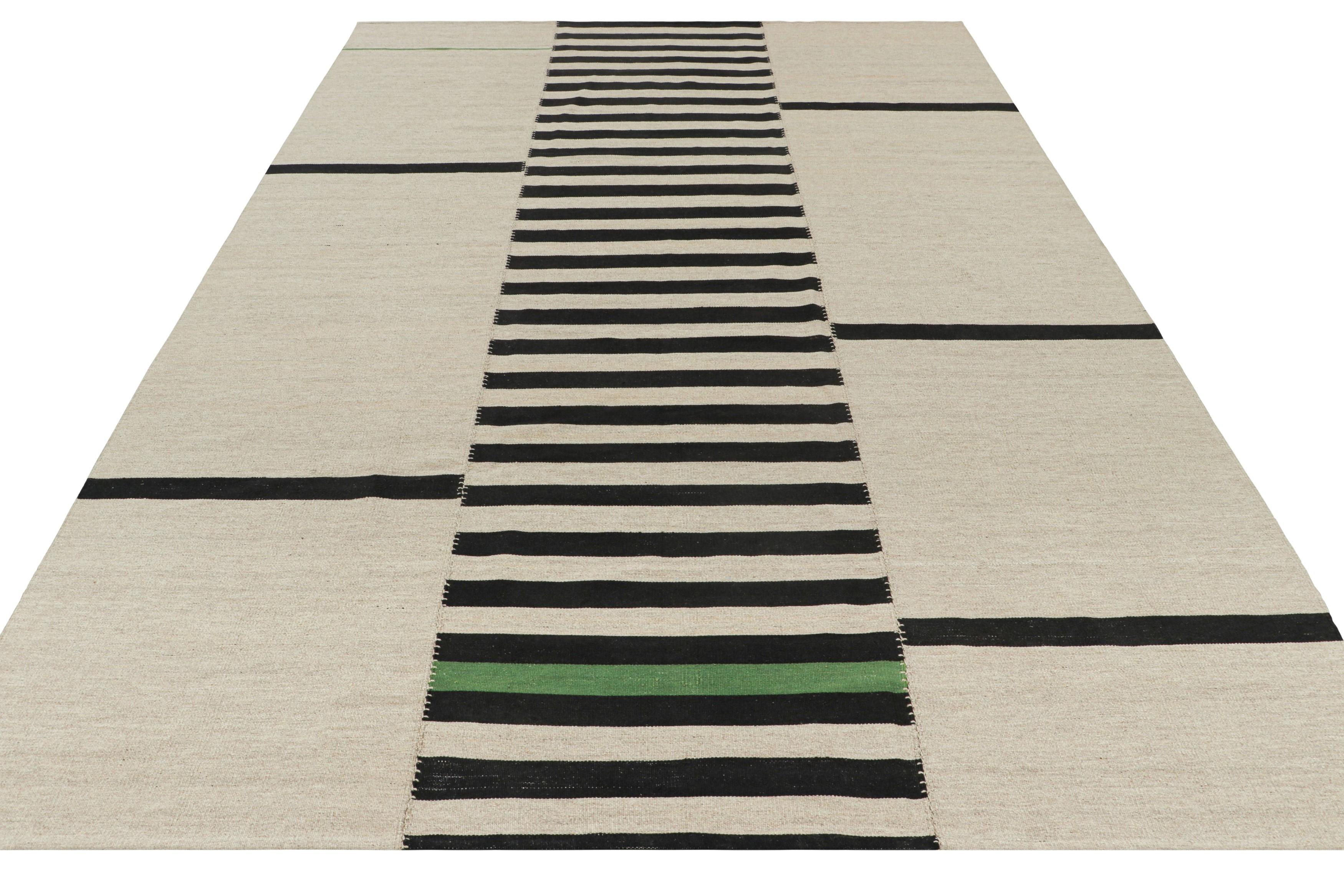 Rug & Kilim’s Contemporary Kilim with Beige and Black Stripes, Green Accents In New Condition For Sale In Long Island City, NY