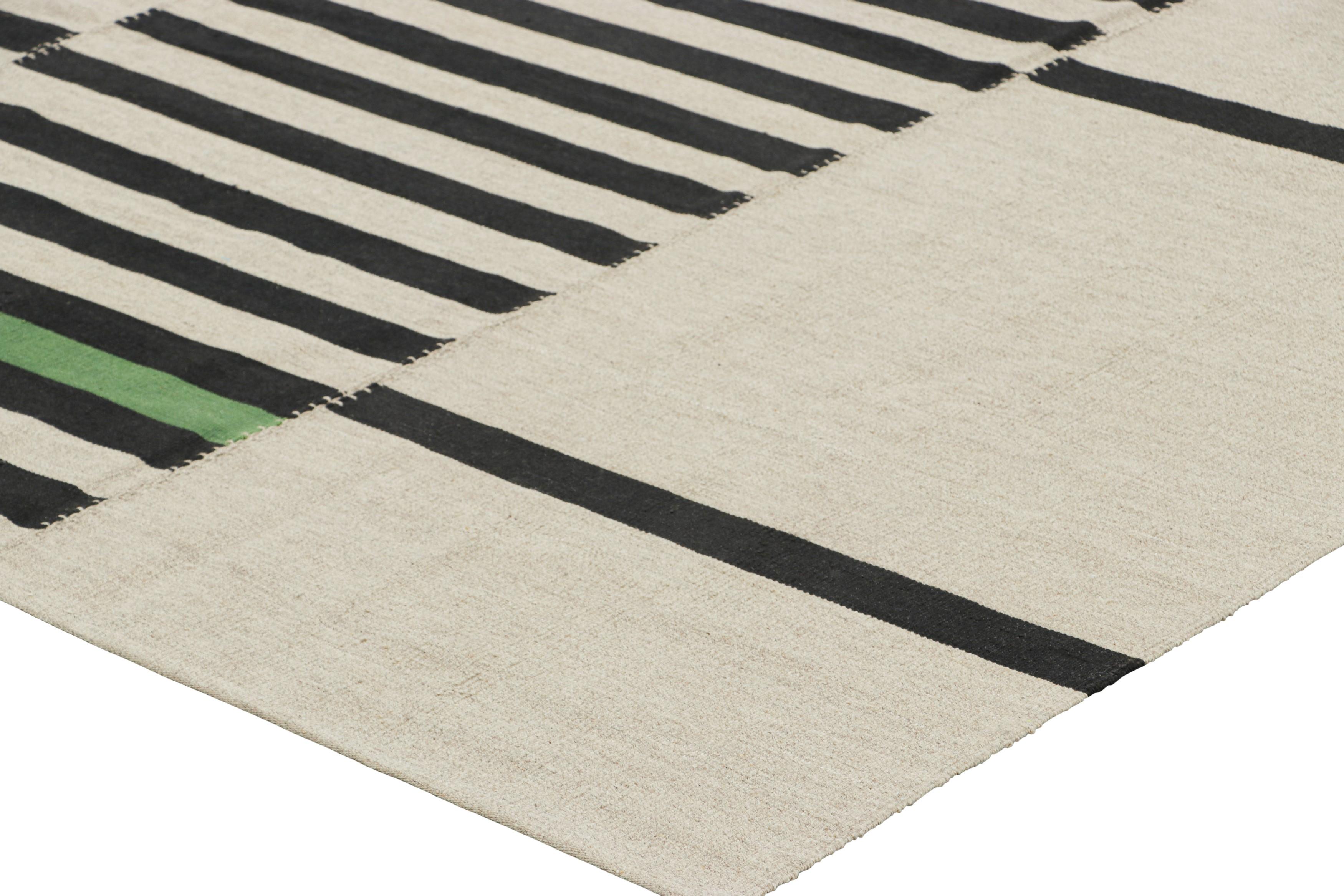 Wool Rug & Kilim’s Contemporary Kilim with Beige and Black Stripes, Green Accents For Sale