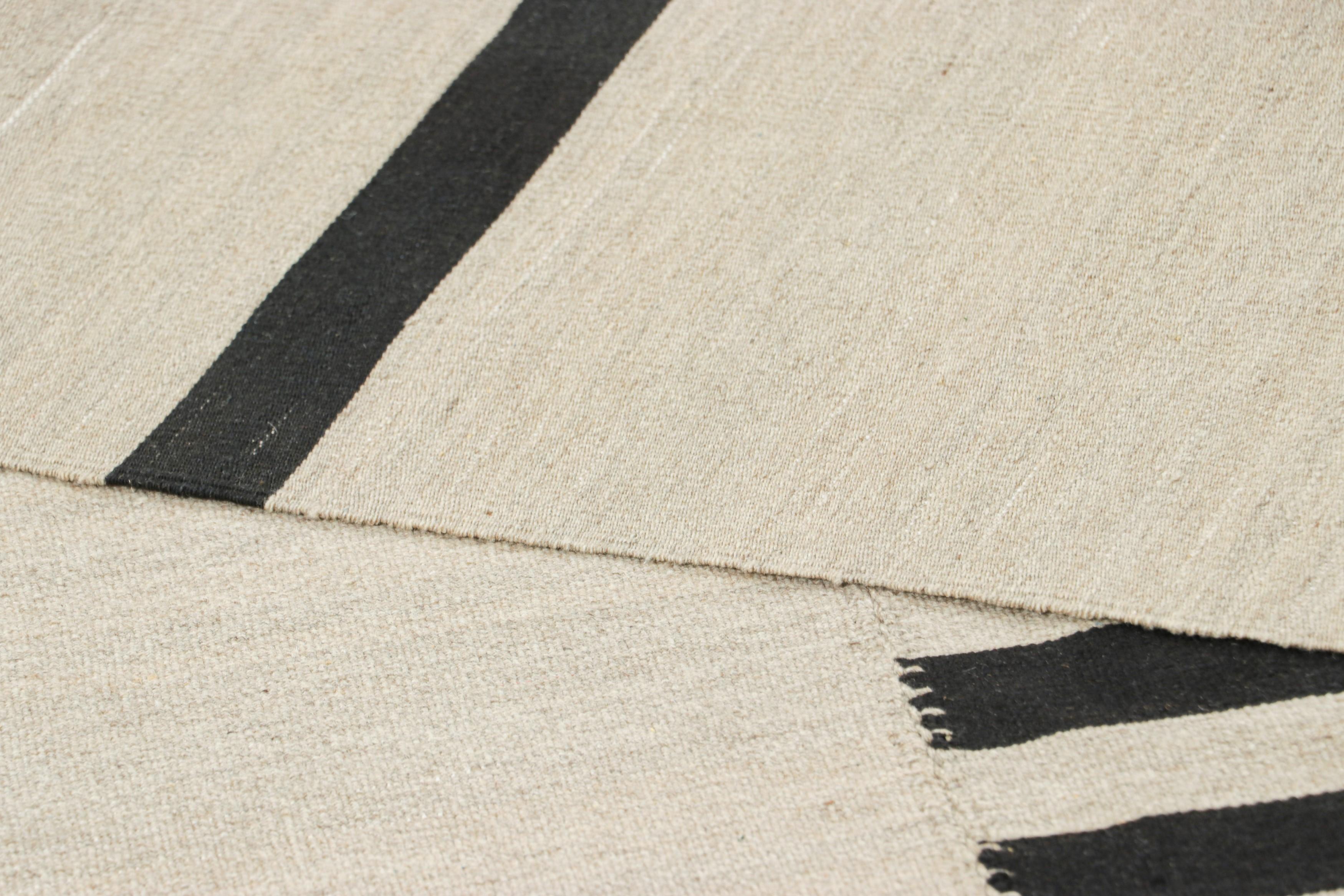 Rug & Kilim’s Contemporary Kilim with Beige and Black Stripes, Green Accents For Sale 1