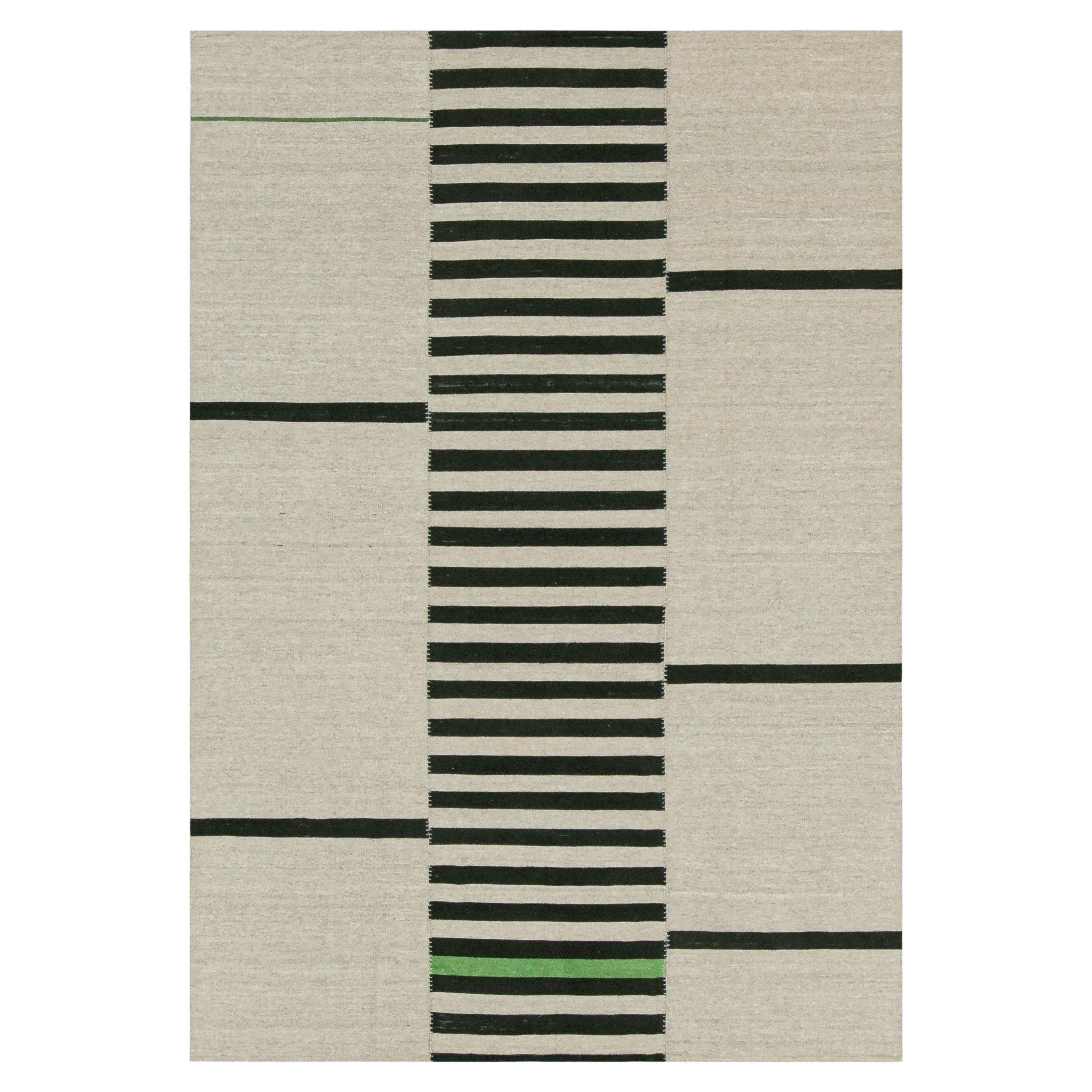 Rug
Kilim
s Contemporary Kilim mit beigen und schwarzen Streifen und grünen Akzenten