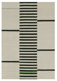 Rug & Kilim’s Contemporary Kilim with Beige and Black Stripes, Green Accents