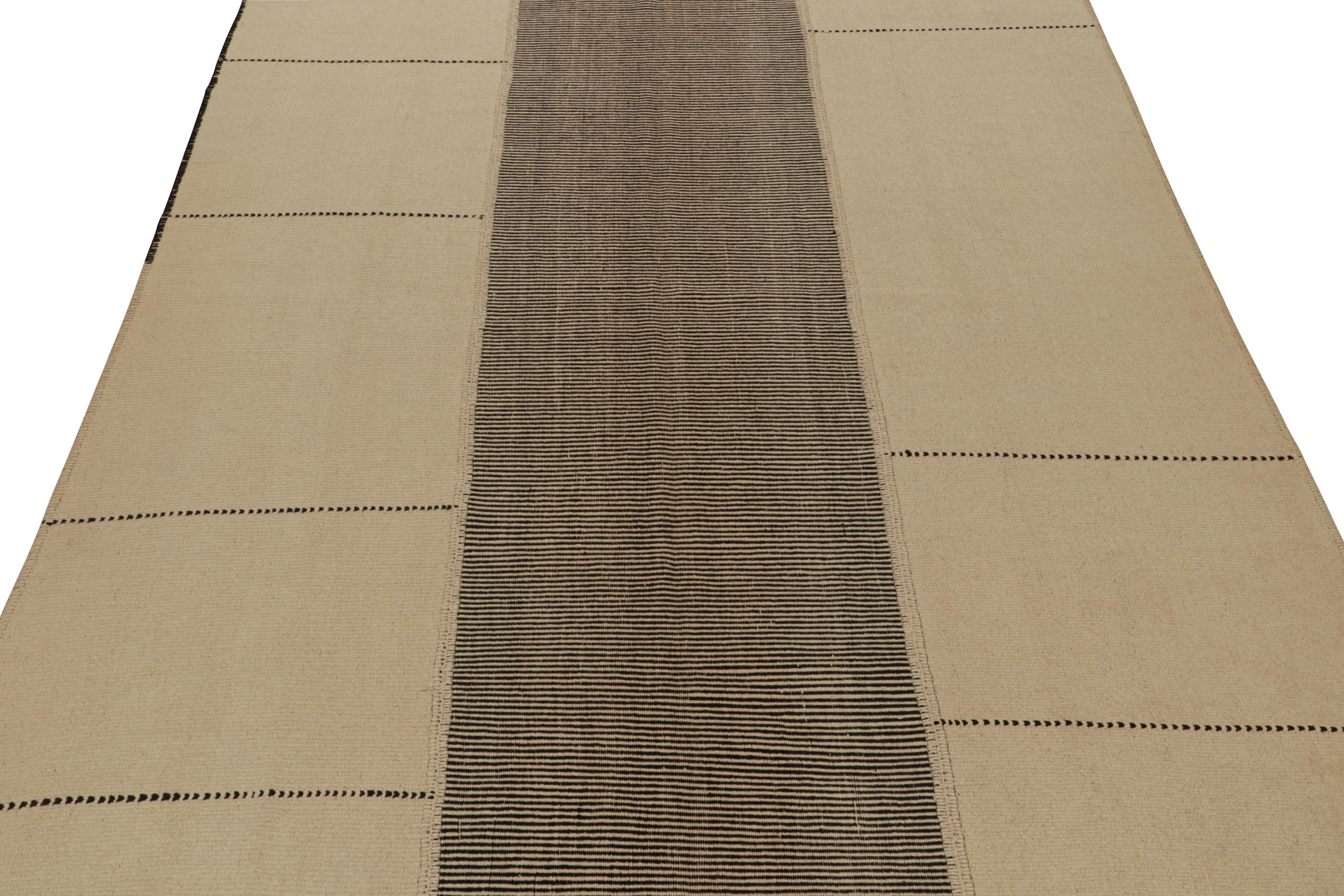 Afghan Rug & Kilim’s Contemporary Kilim with Beige and Black Textural Stripes  For Sale
