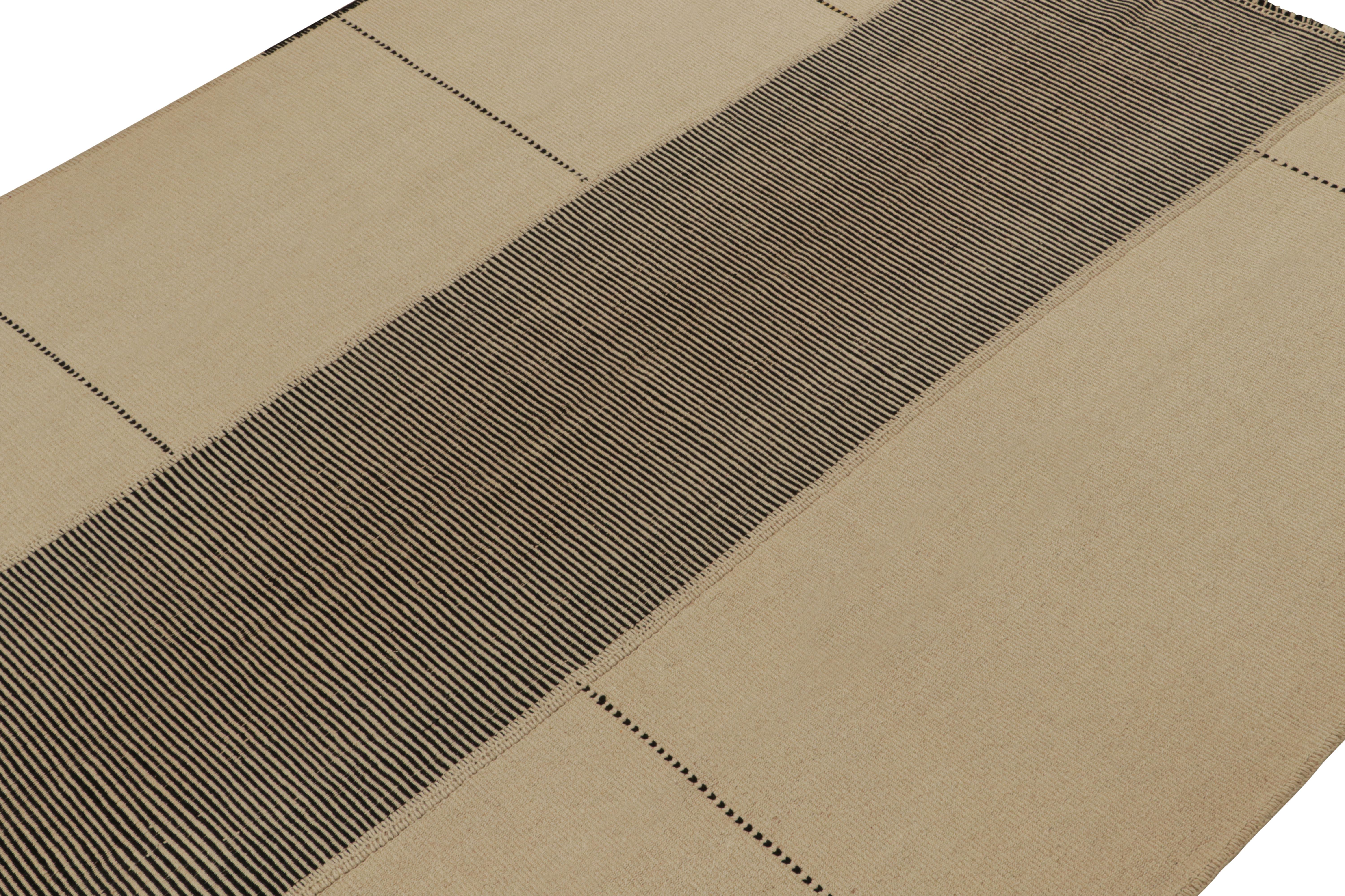 Hand-Knotted Rug & Kilim’s Contemporary Kilim with Beige and Black Textural Stripes  For Sale