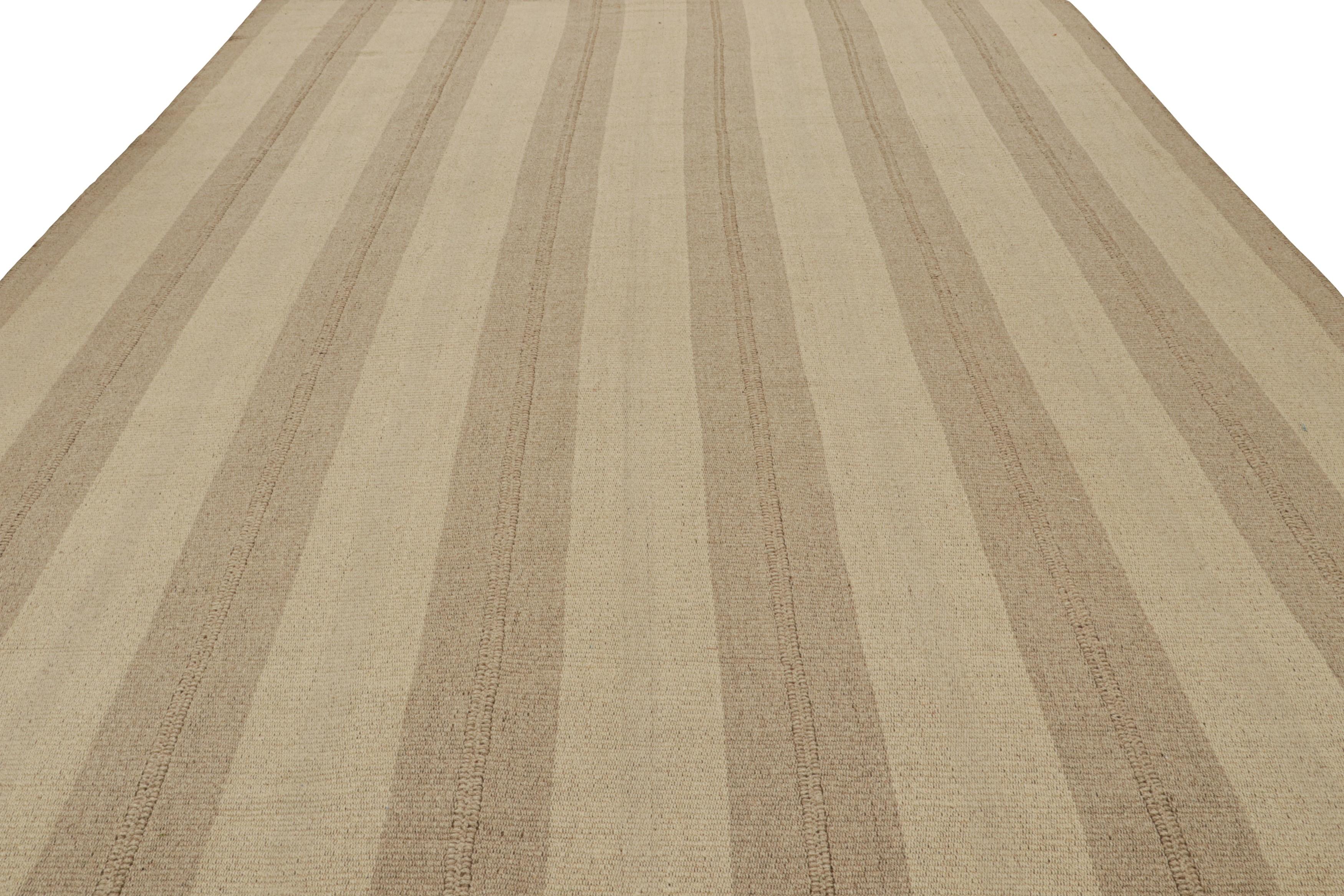 Afghan Rug & Kilim’s Contemporary Kilim with Beige and Taupe Stripes and Brown Accents For Sale