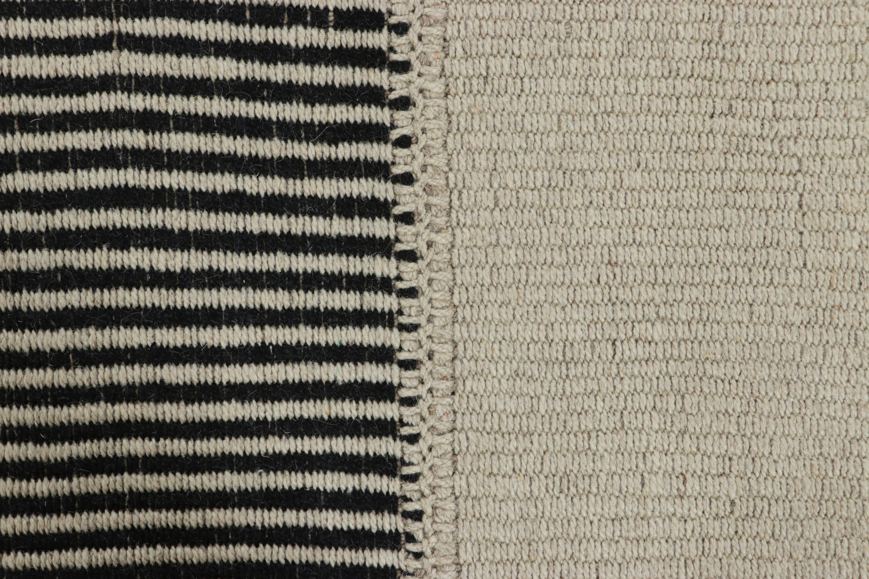Afghan Rug & Kilim’s Contemporary Kilim with Black and Cream White Textural Stripes For Sale
