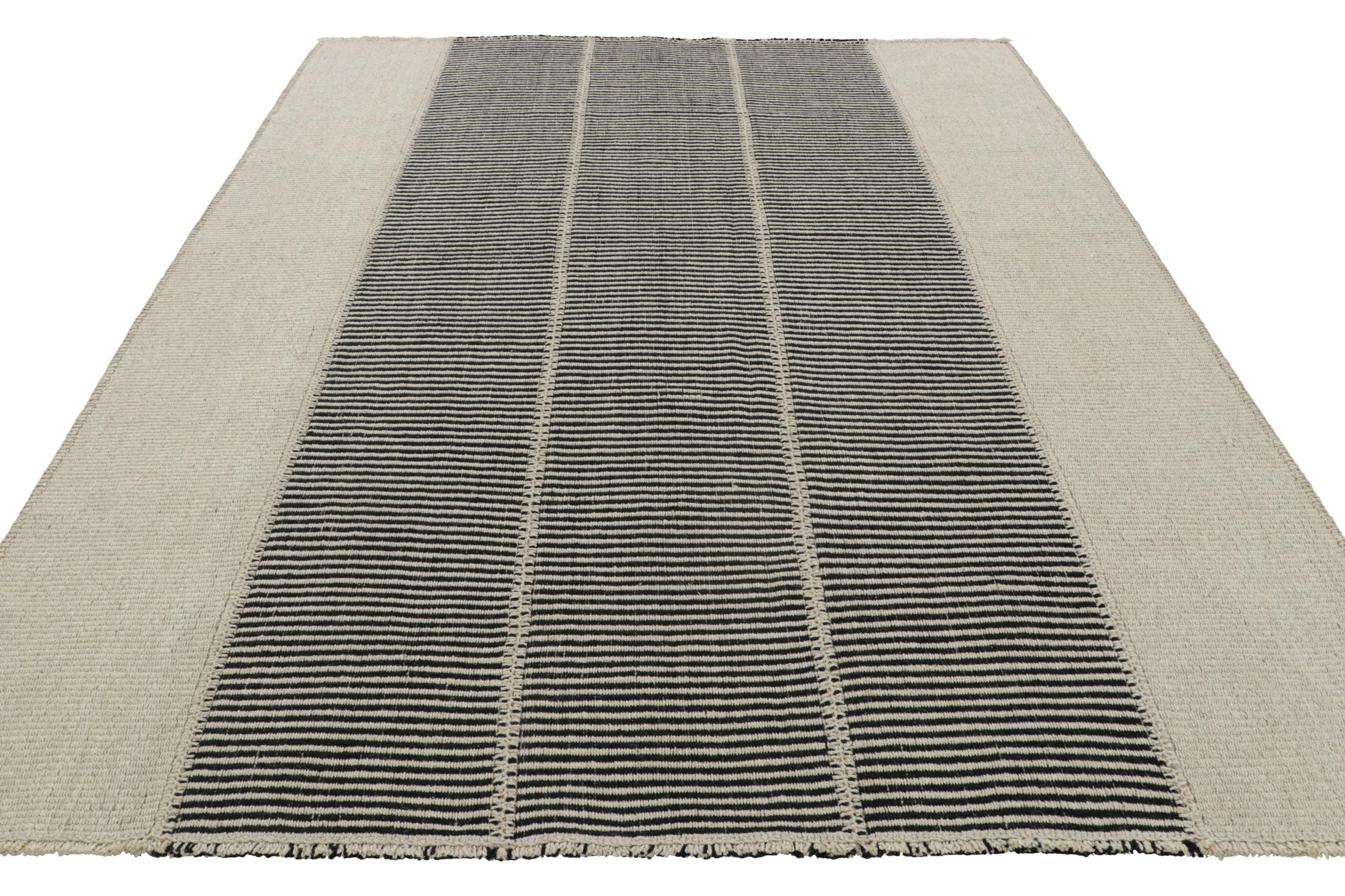 Hand-Woven Rug & Kilim’s Contemporary Kilim with Black and Cream White Textural Stripes For Sale