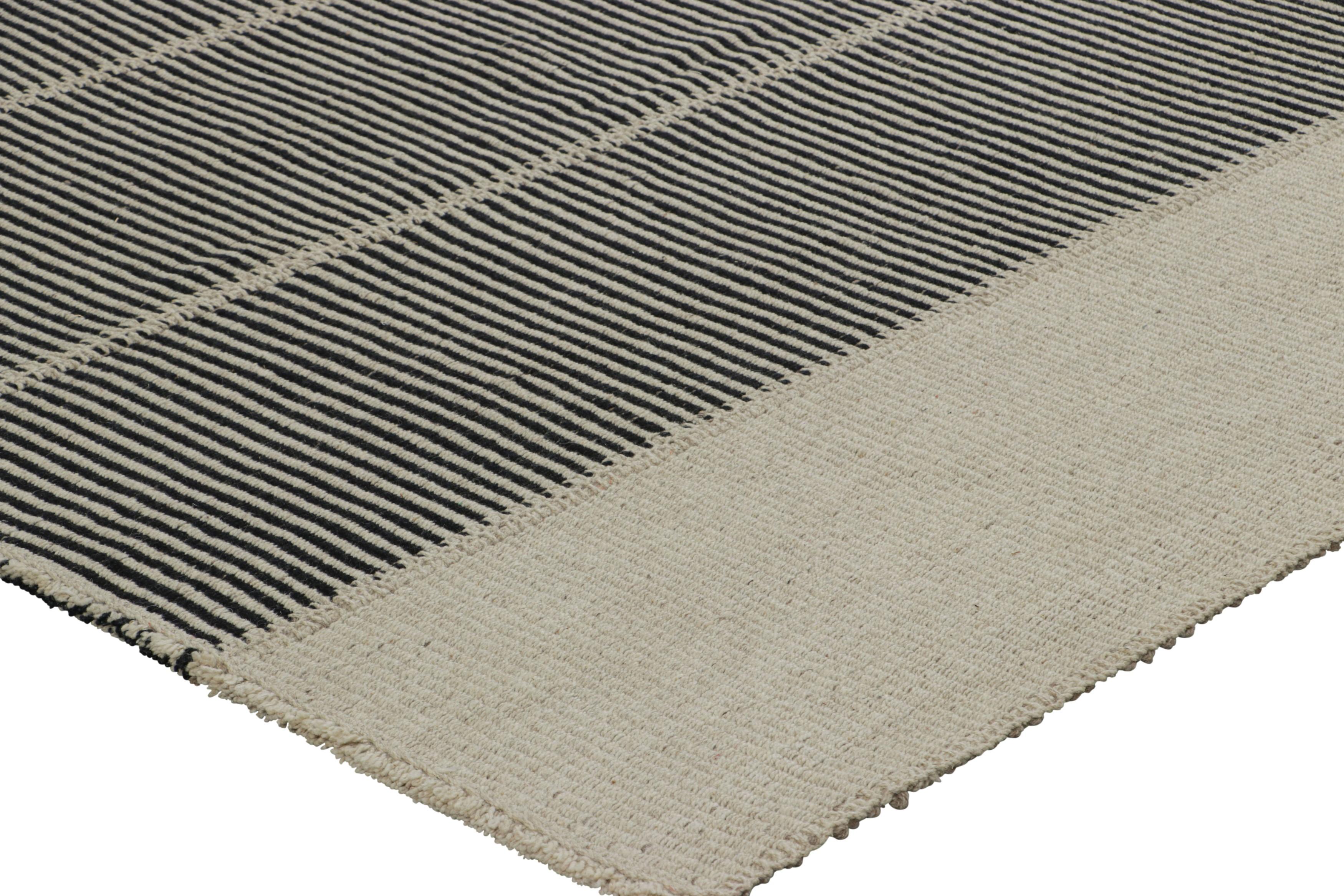 Rug & Kilim’s Contemporary Kilim with Black and Cream White Textural Stripes In New Condition For Sale In Long Island City, NY