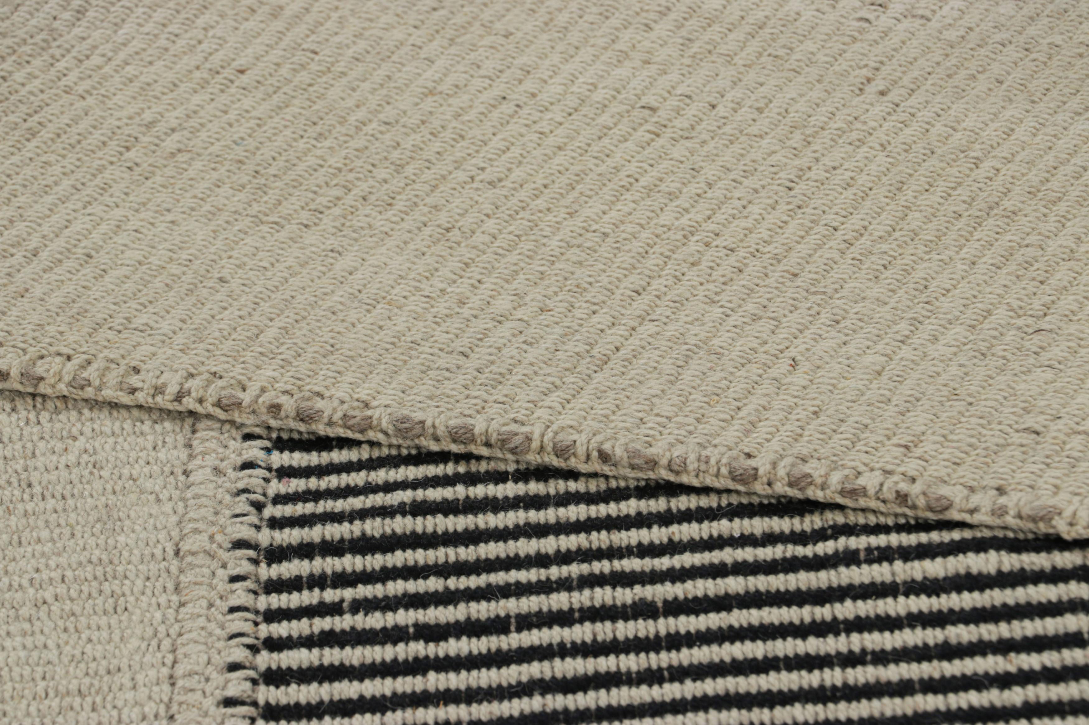 Wool Rug & Kilim’s Contemporary Kilim with Black and Cream White Textural Stripes For Sale