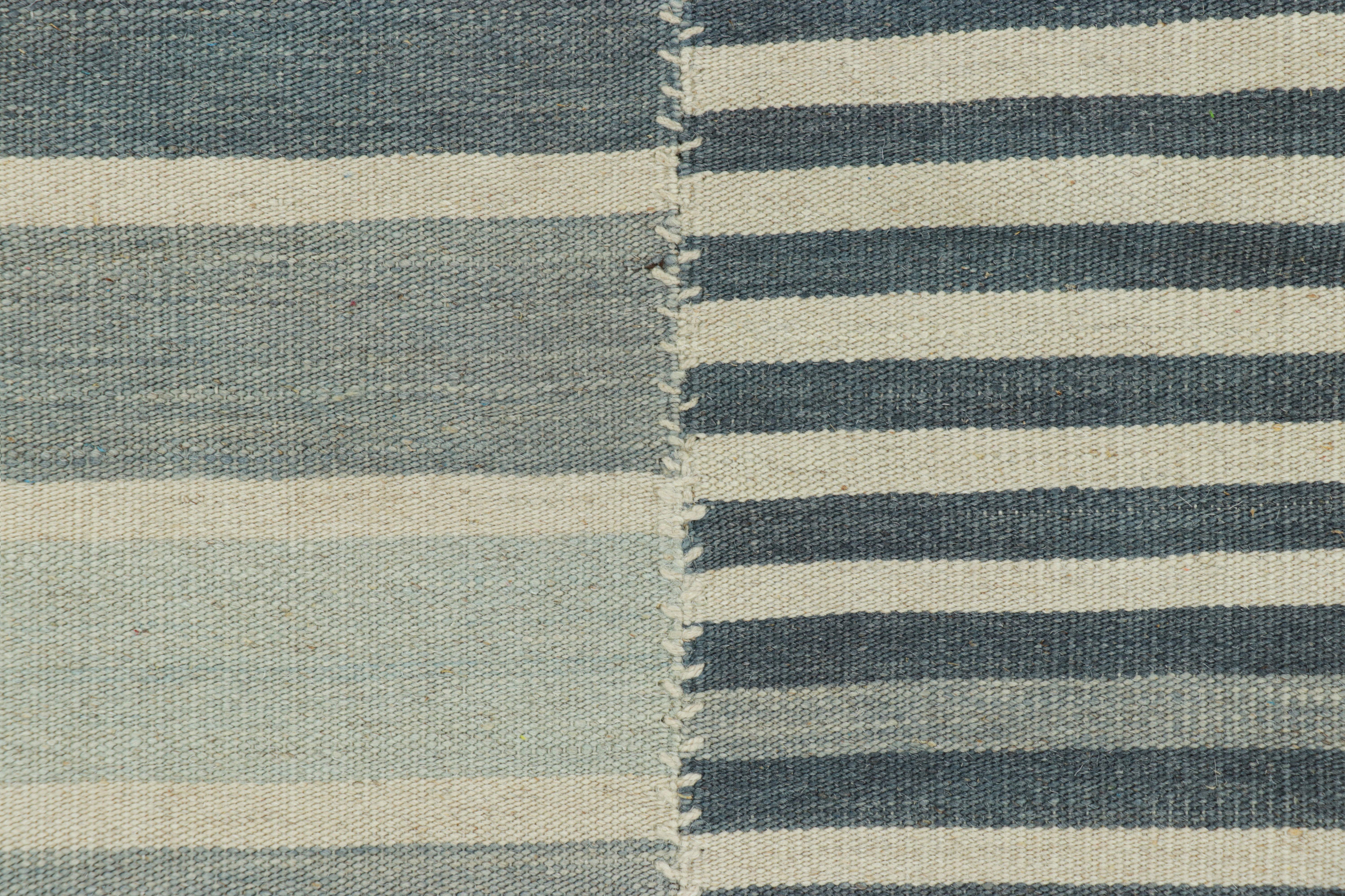 Afghan Rug & Kilim’s Contemporary Kilim with Blue and Cream White Textural Stripes For Sale