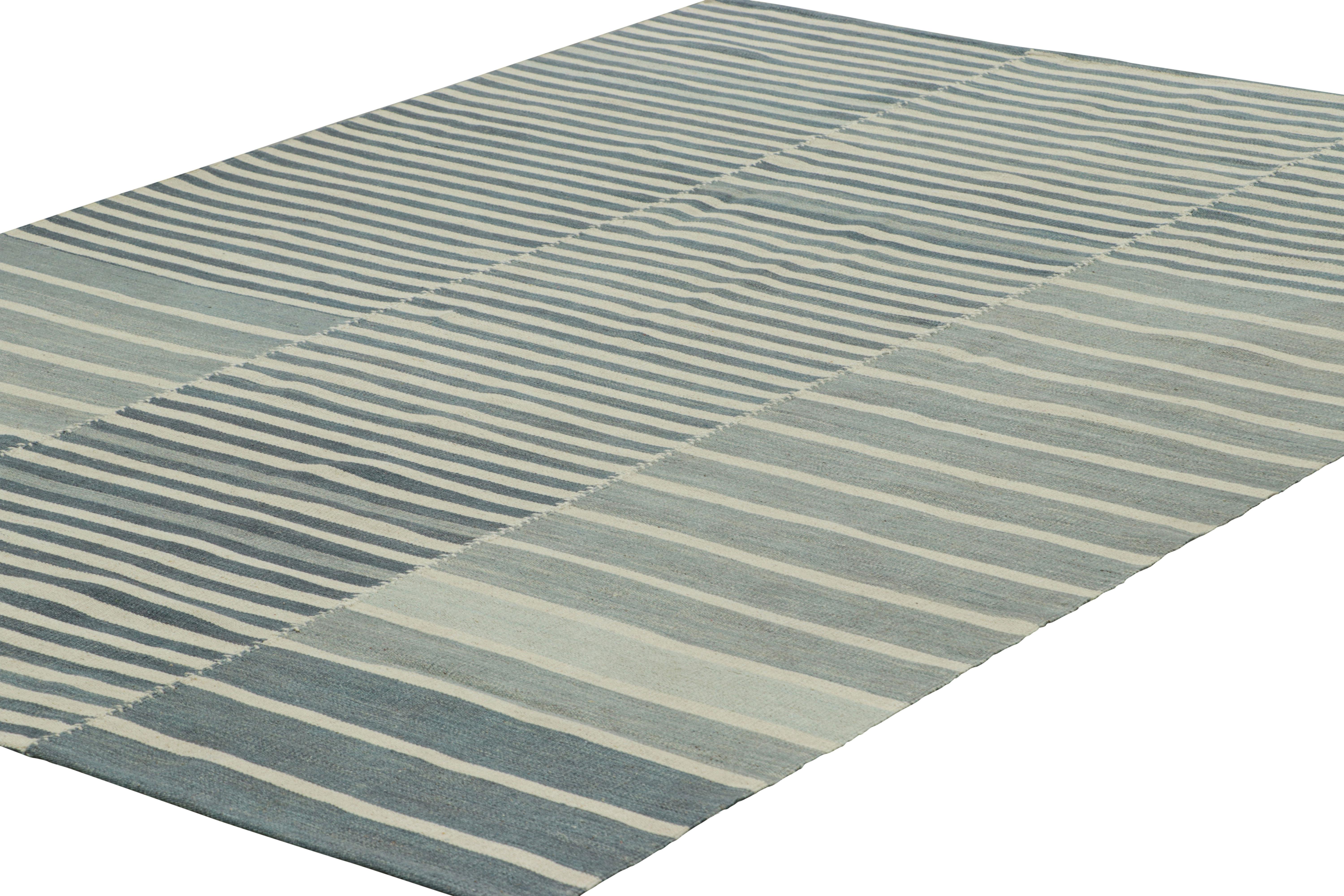 Hand-Woven Rug & Kilim’s Contemporary Kilim with Blue and Cream White Textural Stripes For Sale