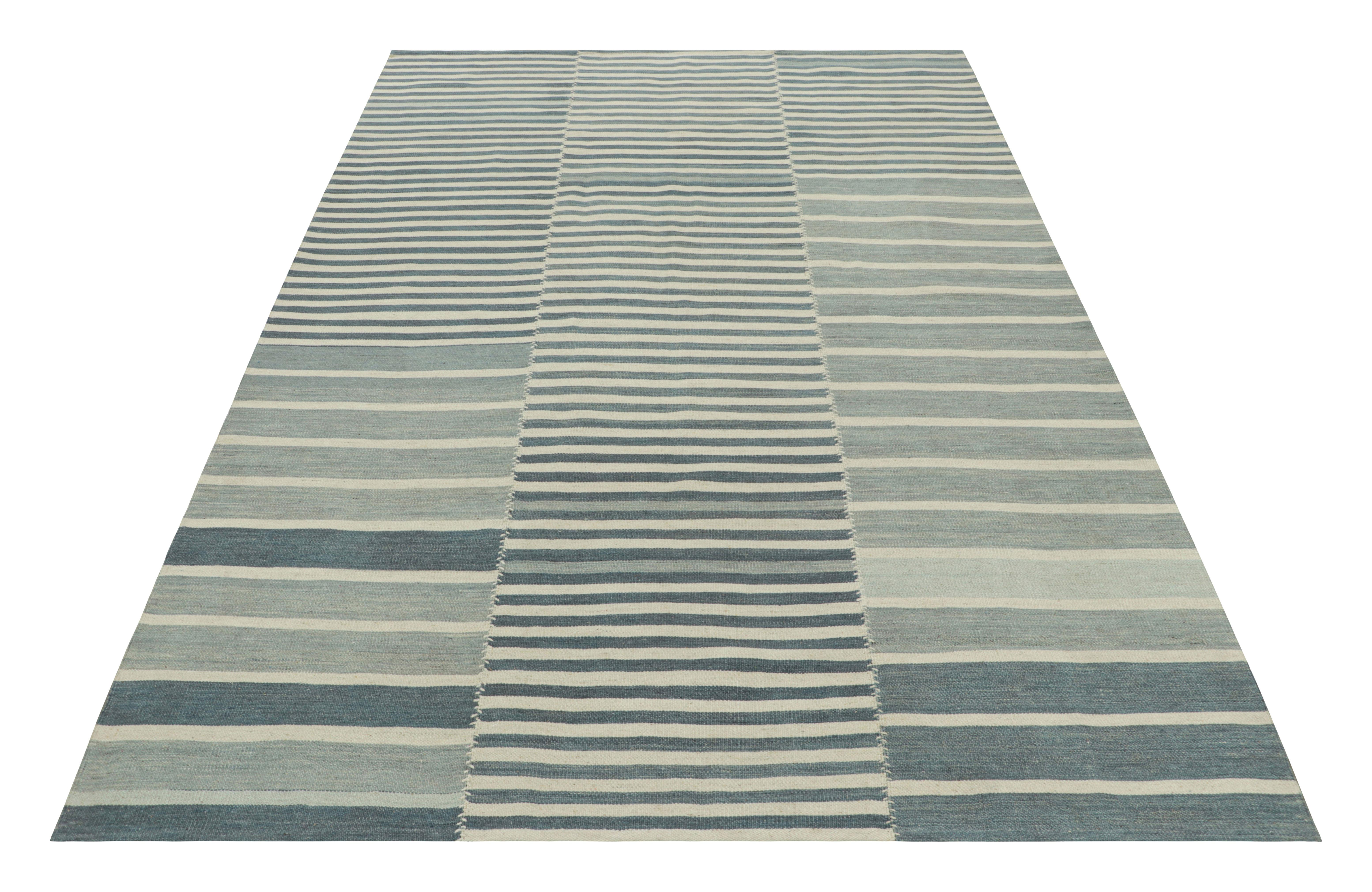 Rug & Kilim’s Contemporary Kilim with Blue and Cream White Textural Stripes In New Condition For Sale In Long Island City, NY