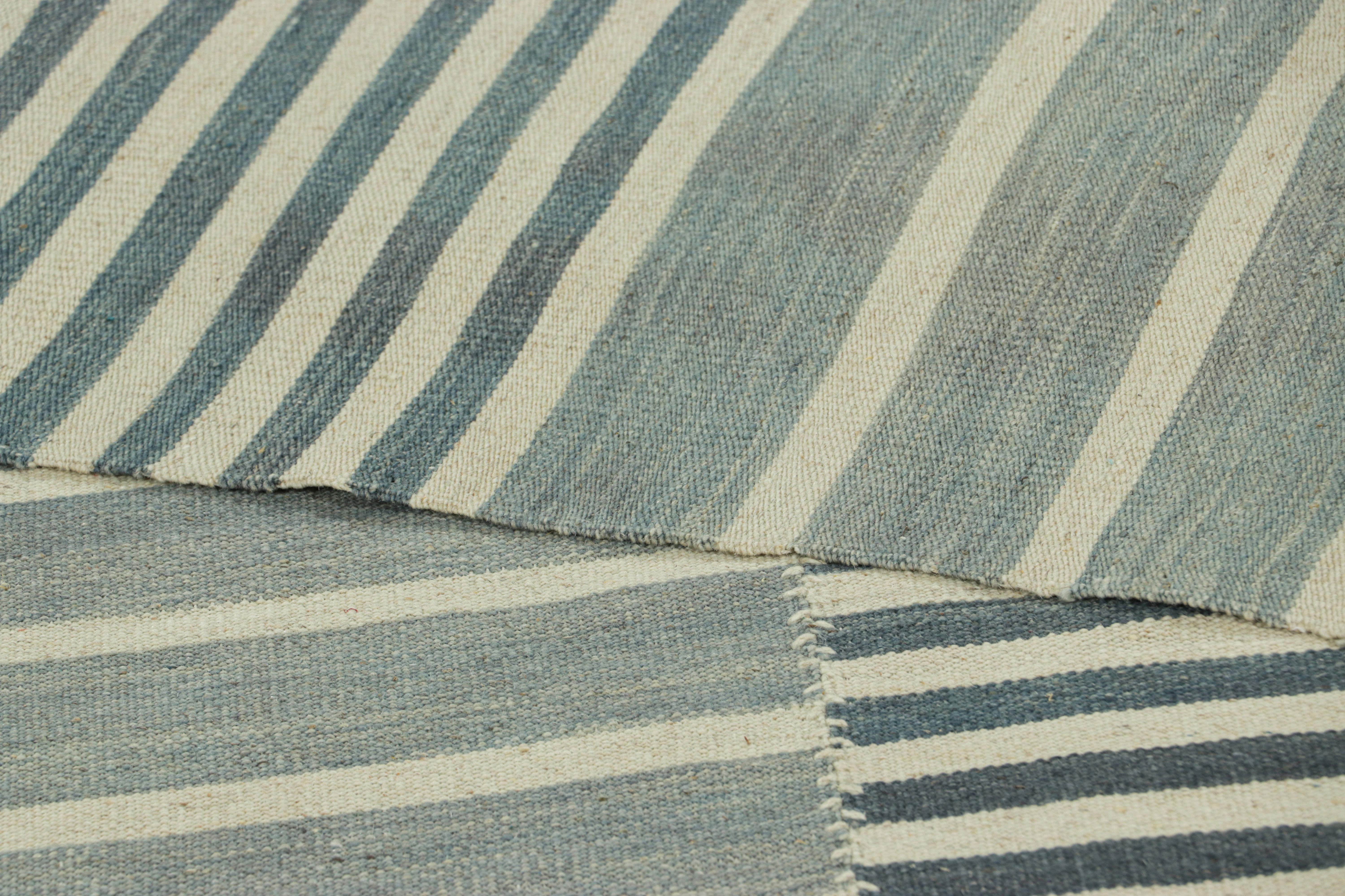 Rug & Kilim’s Contemporary Kilim with Blue and Cream White Textural Stripes For Sale 1