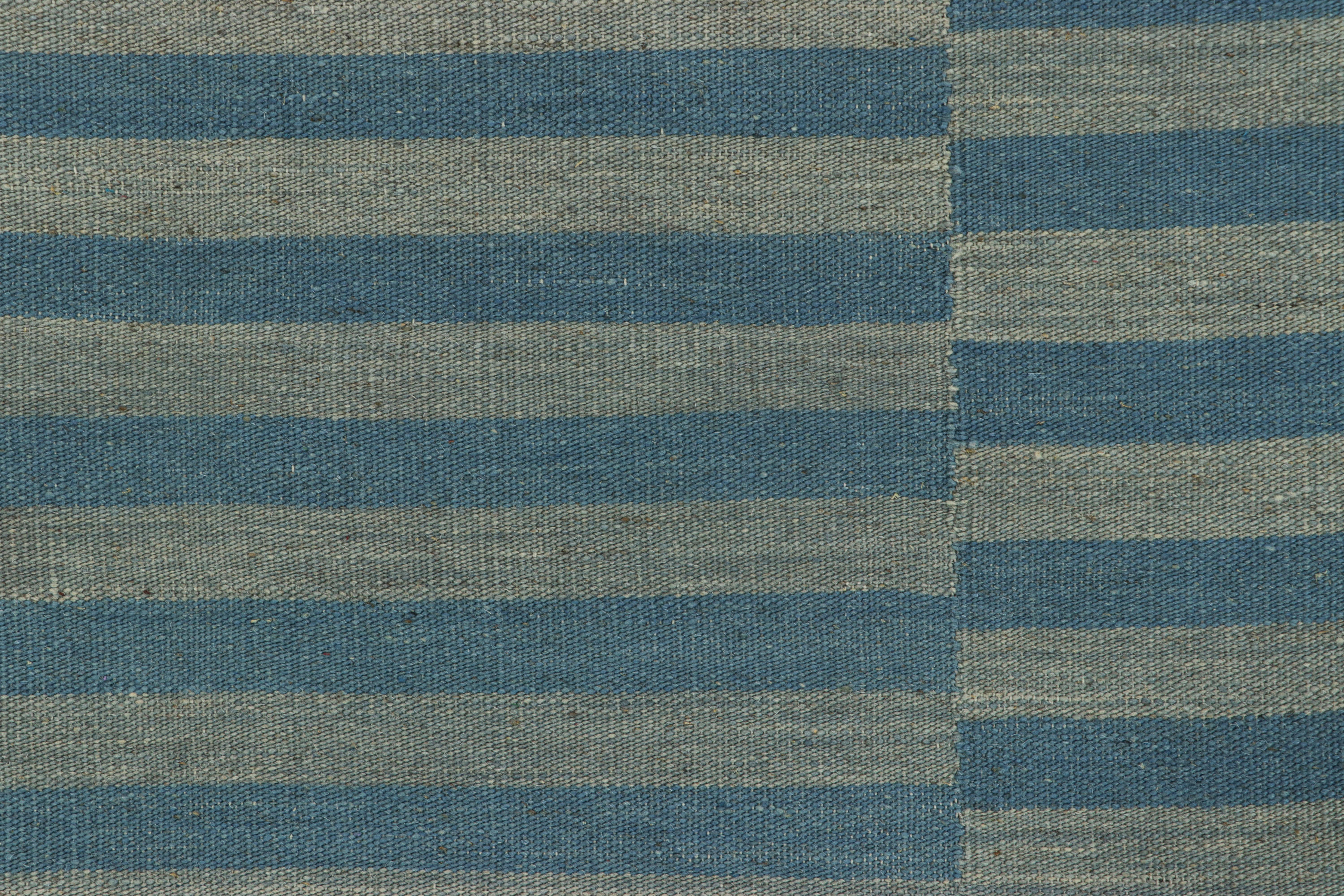Afghan Rug & Kilim’s Contemporary Kilim with Blue and Gray Textural Stripes For Sale