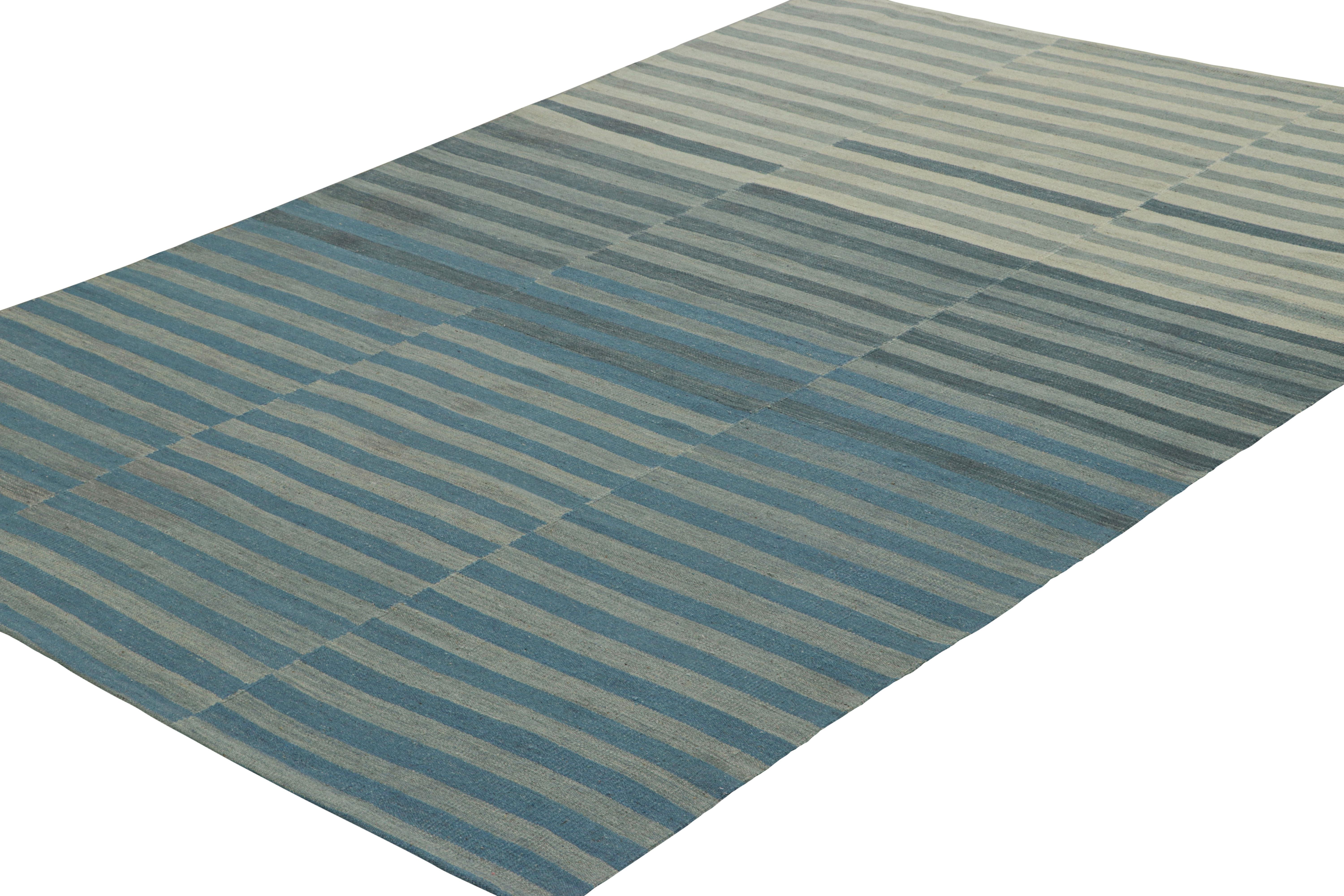 Hand-Woven Rug & Kilim’s Contemporary Kilim with Blue and Gray Textural Stripes For Sale