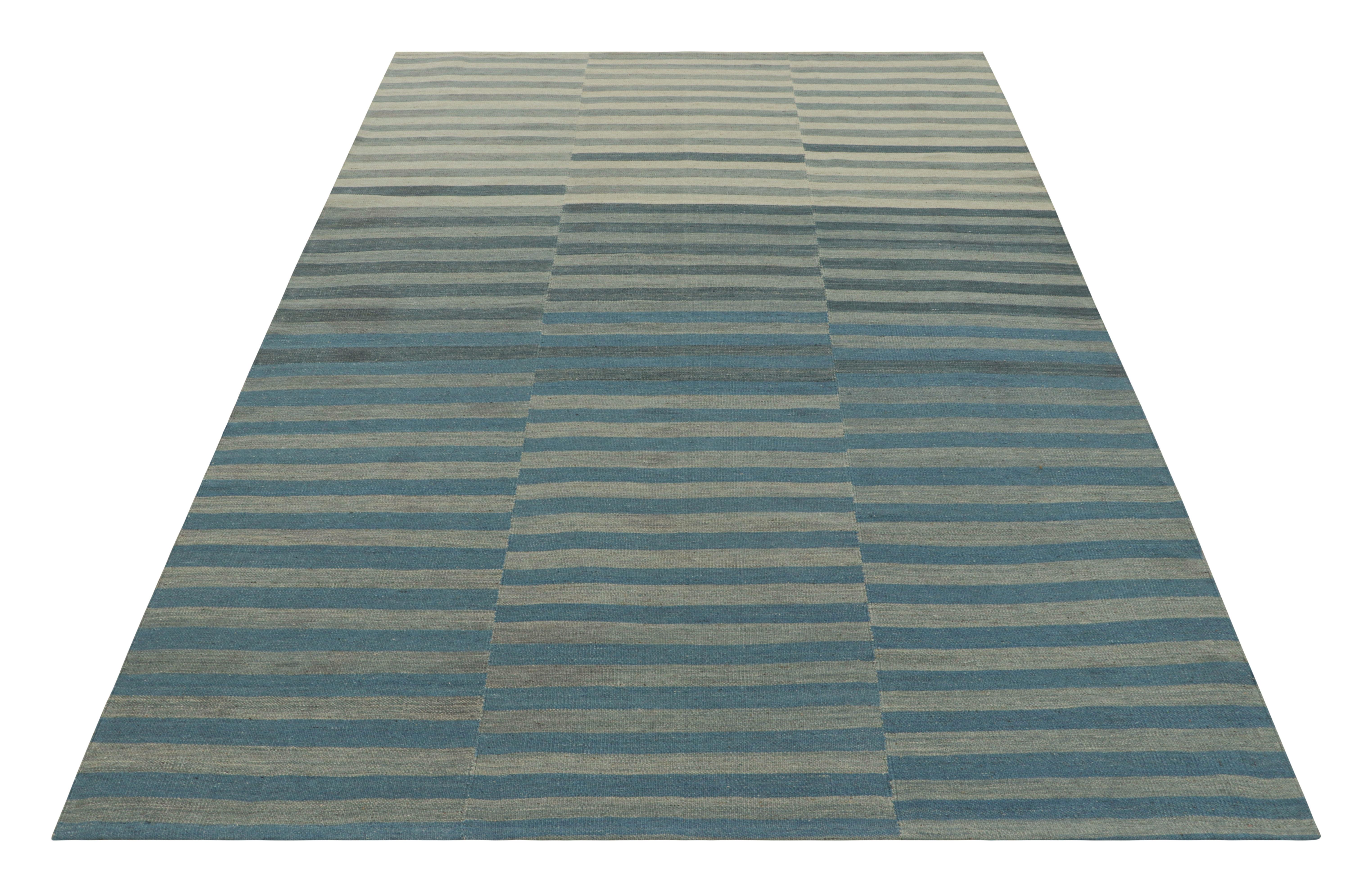 Rug & Kilim’s Contemporary Kilim with Blue and Gray Textural Stripes In New Condition For Sale In Long Island City, NY