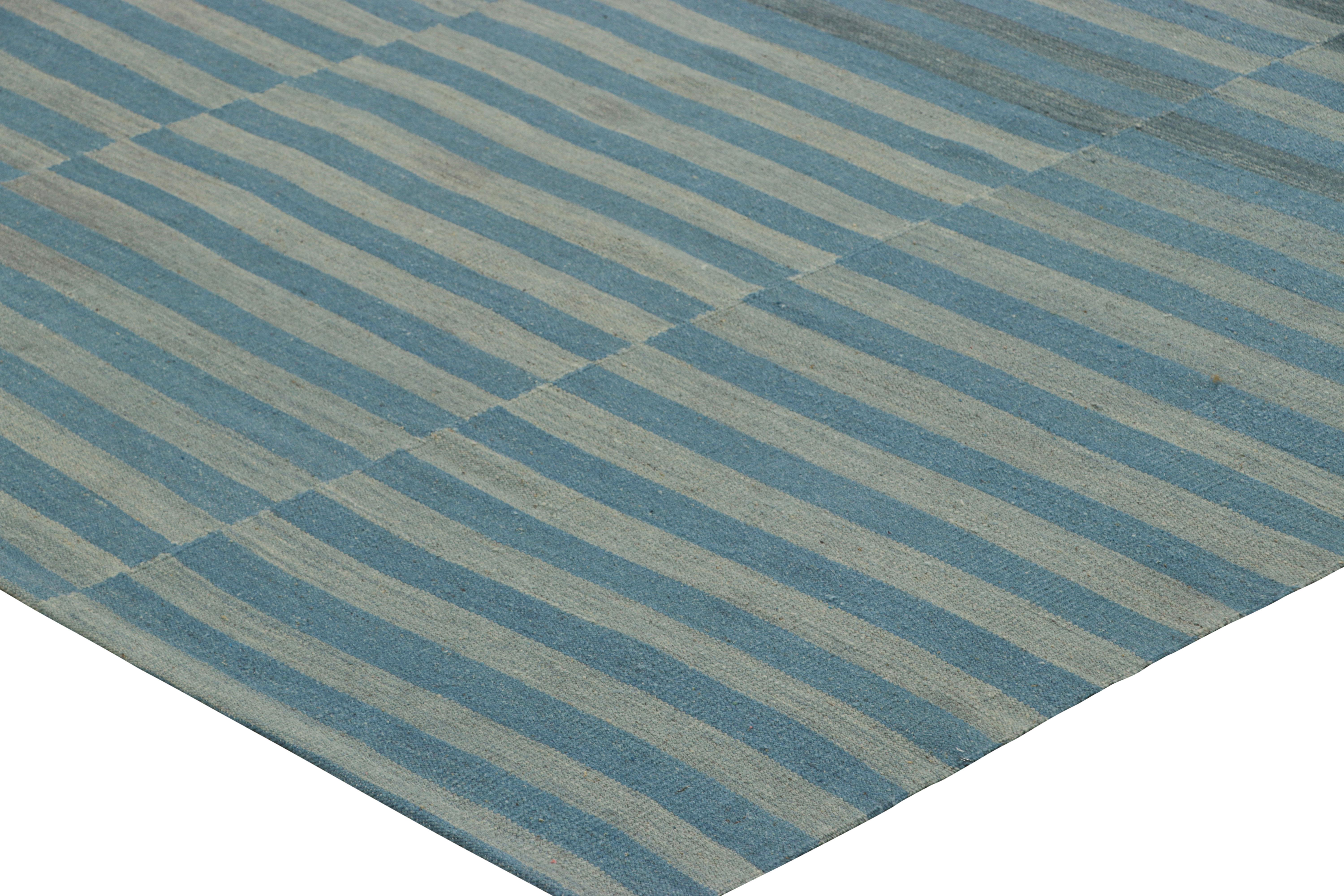 Wool Rug & Kilim’s Contemporary Kilim with Blue and Gray Textural Stripes For Sale