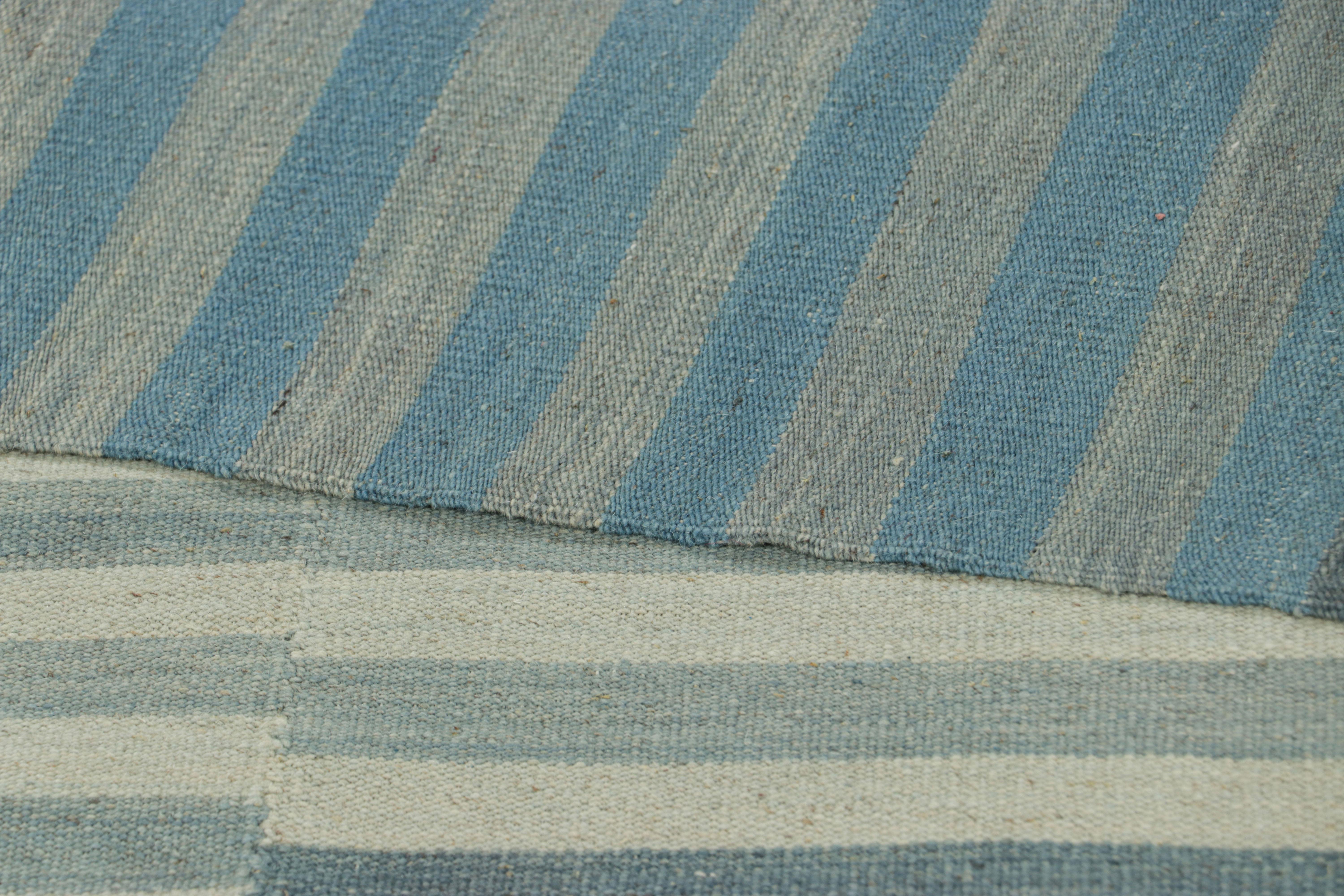 Rug & Kilim’s Contemporary Kilim with Blue and Gray Textural Stripes For Sale 1