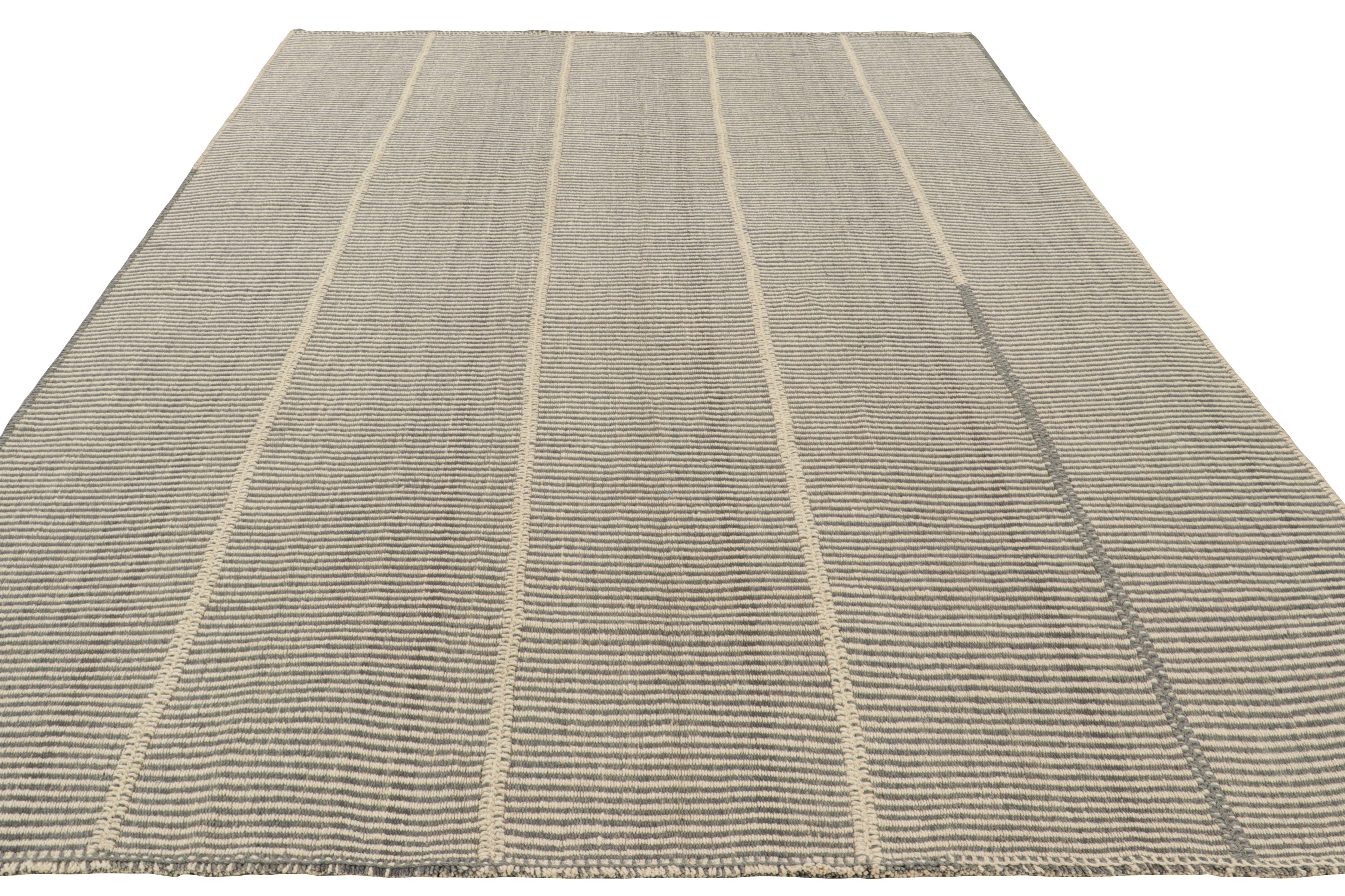 Hand-Woven Rug & Kilim’s Contemporary Kilim with Gray and White Textural Stripes For Sale