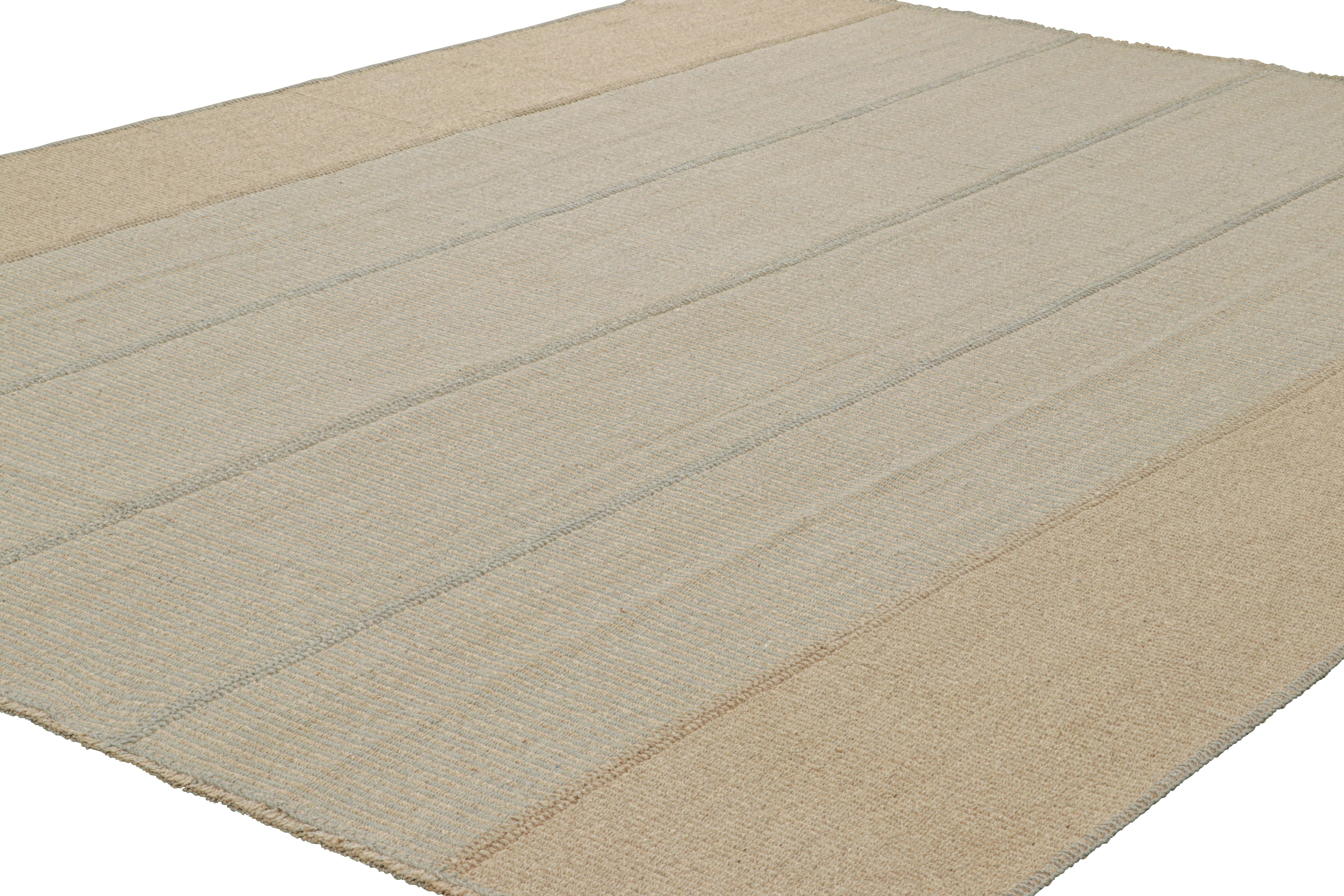 Turkish Rug & Kilim’s Contemporary Kilim with Light Blue and Beige Textural Stripes For Sale