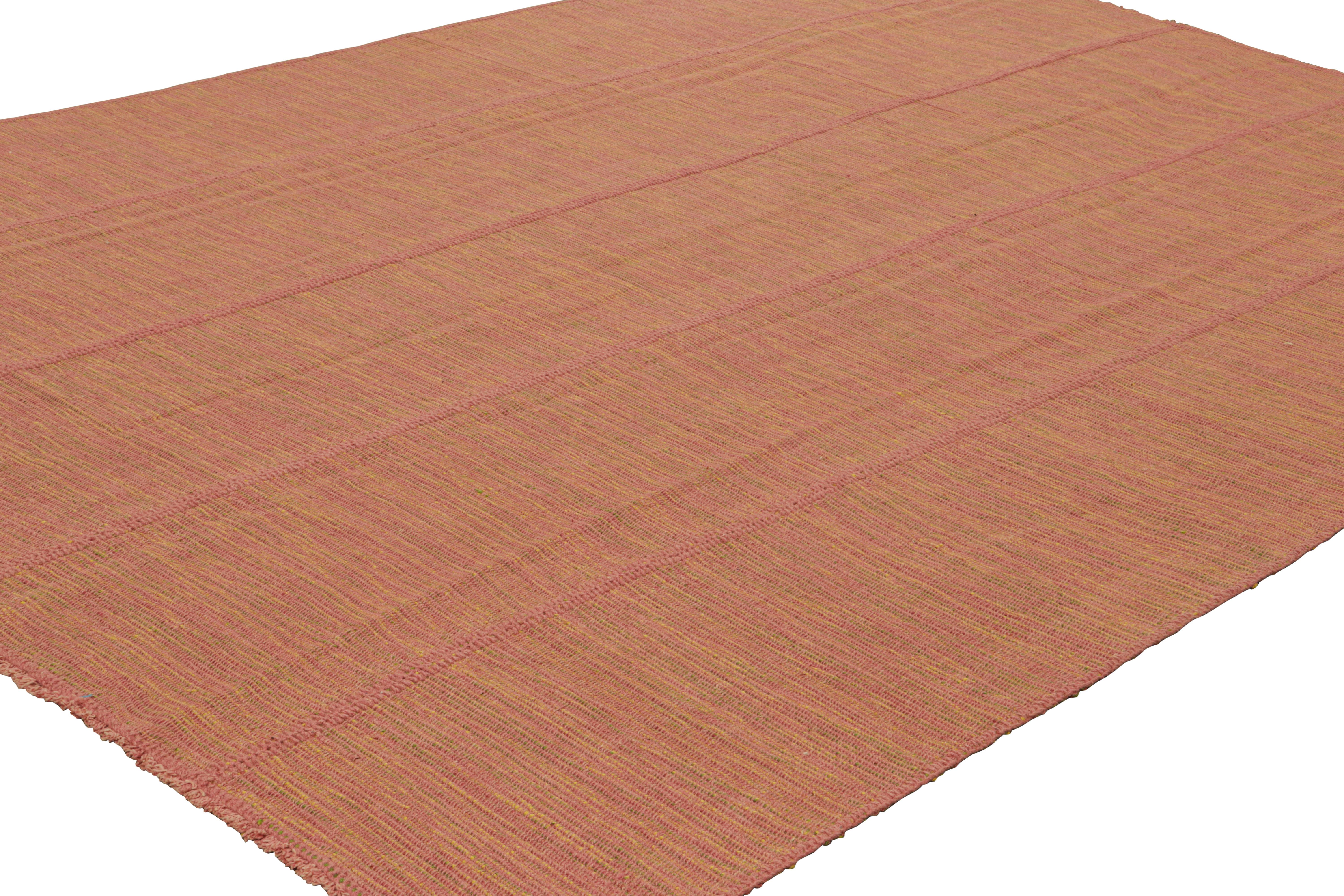 Turkish Rug & Kilim’s Contemporary Kilim with Pink, Green and Gold Textural Stripes For Sale