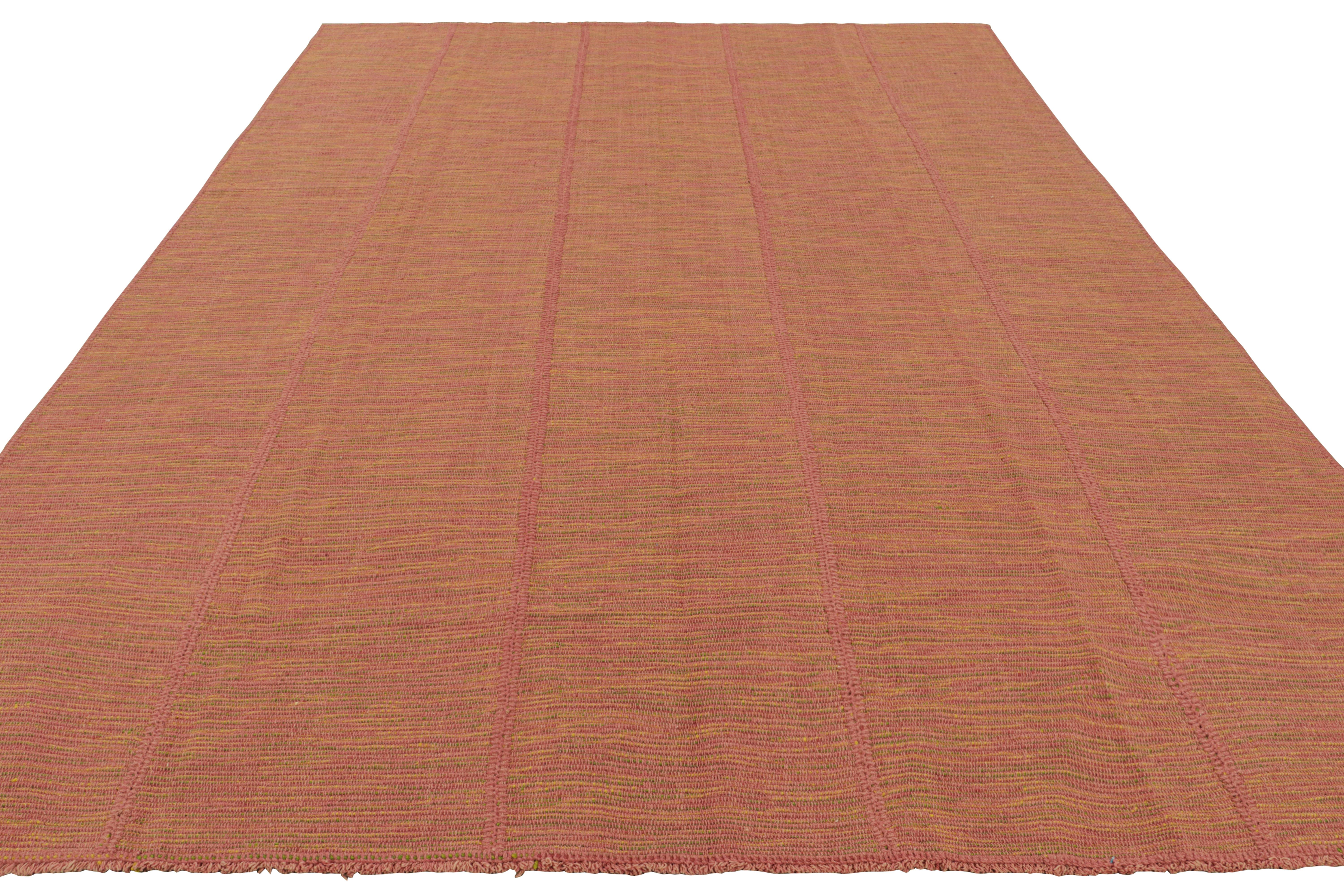 Hand-Woven Rug & Kilim’s Contemporary Kilim with Pink, Green and Gold Textural Stripes For Sale