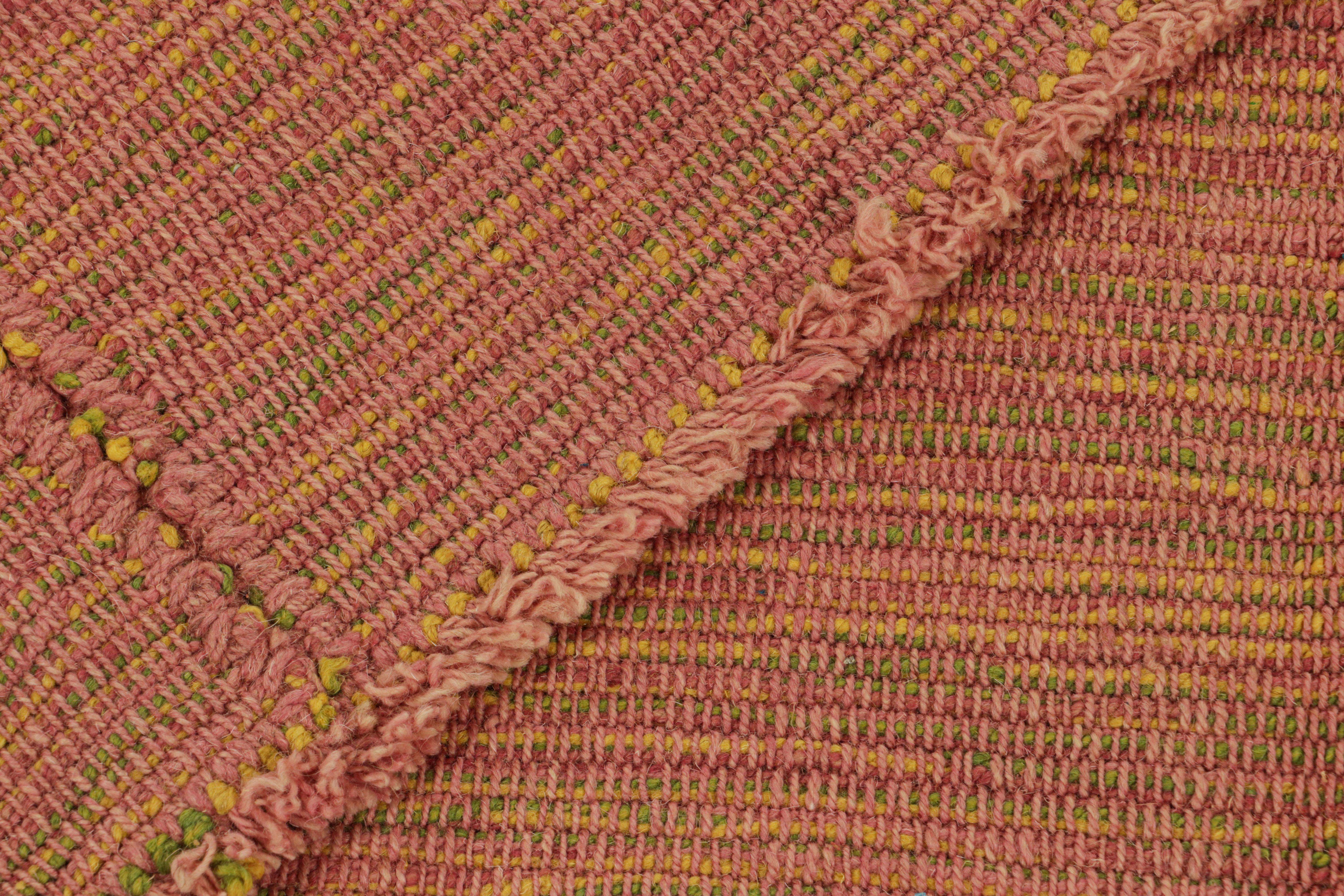 Wool Rug & Kilim’s Contemporary Kilim with Pink, Green and Gold Textural Stripes For Sale