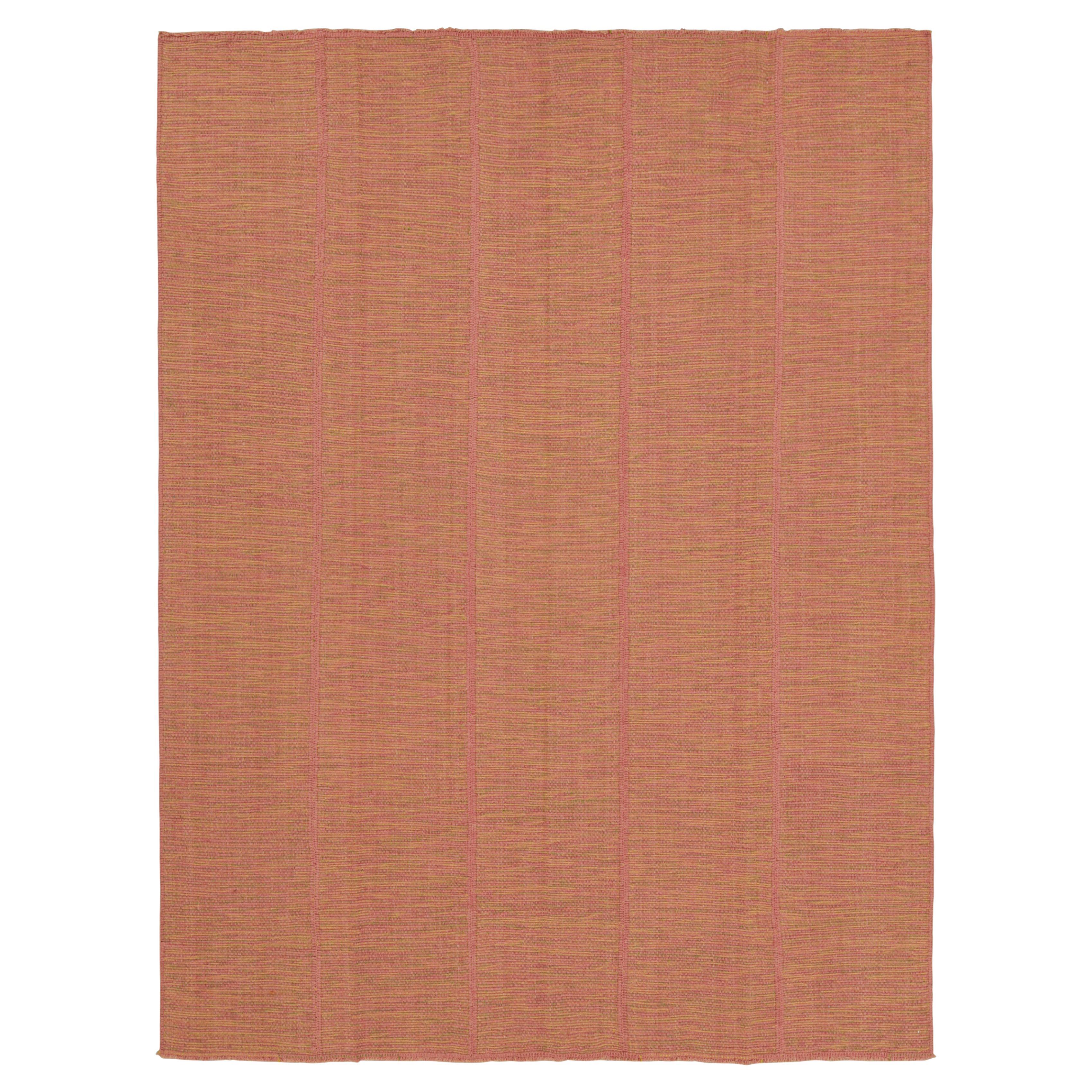 Rug & Kilim’s Contemporary Kilim with Pink, Green and Gold Textural Stripes For Sale