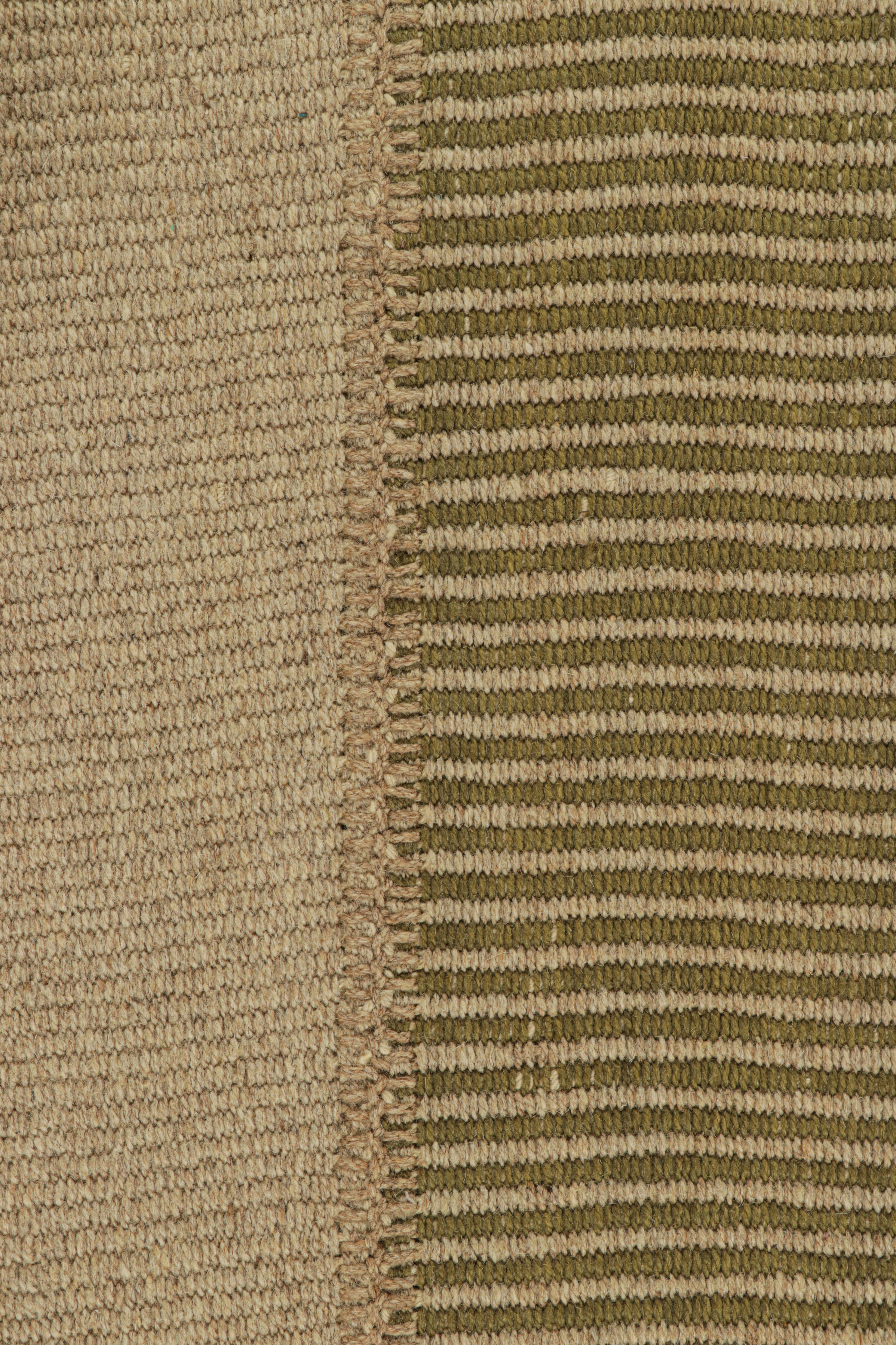 Modern Rug & Kilim’s Contemporary Kilim with Stripes in Green and Beige-Brown Accents For Sale
