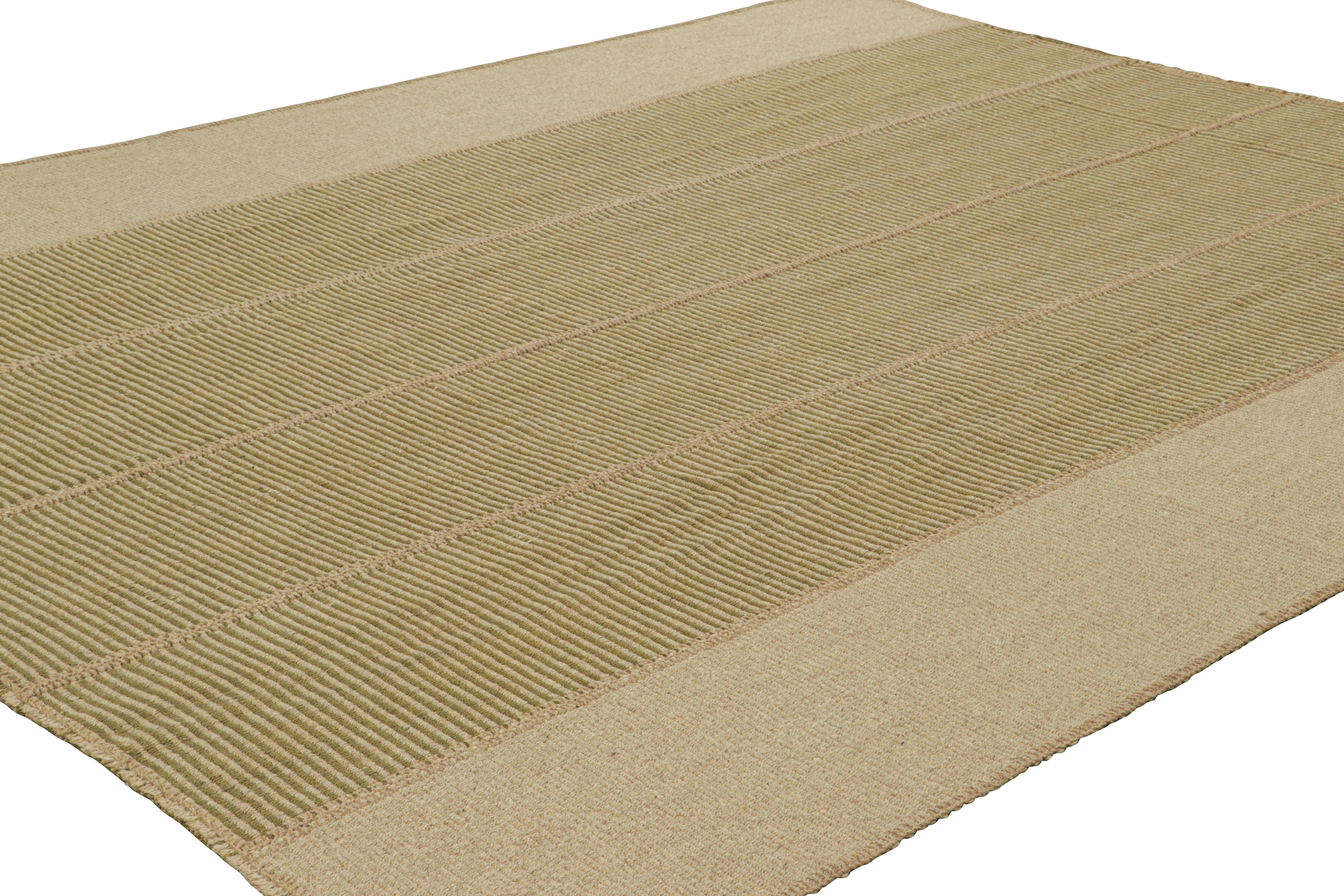 Turkish Rug & Kilim’s Contemporary Kilim with Stripes in Green and Beige-Brown Accents For Sale