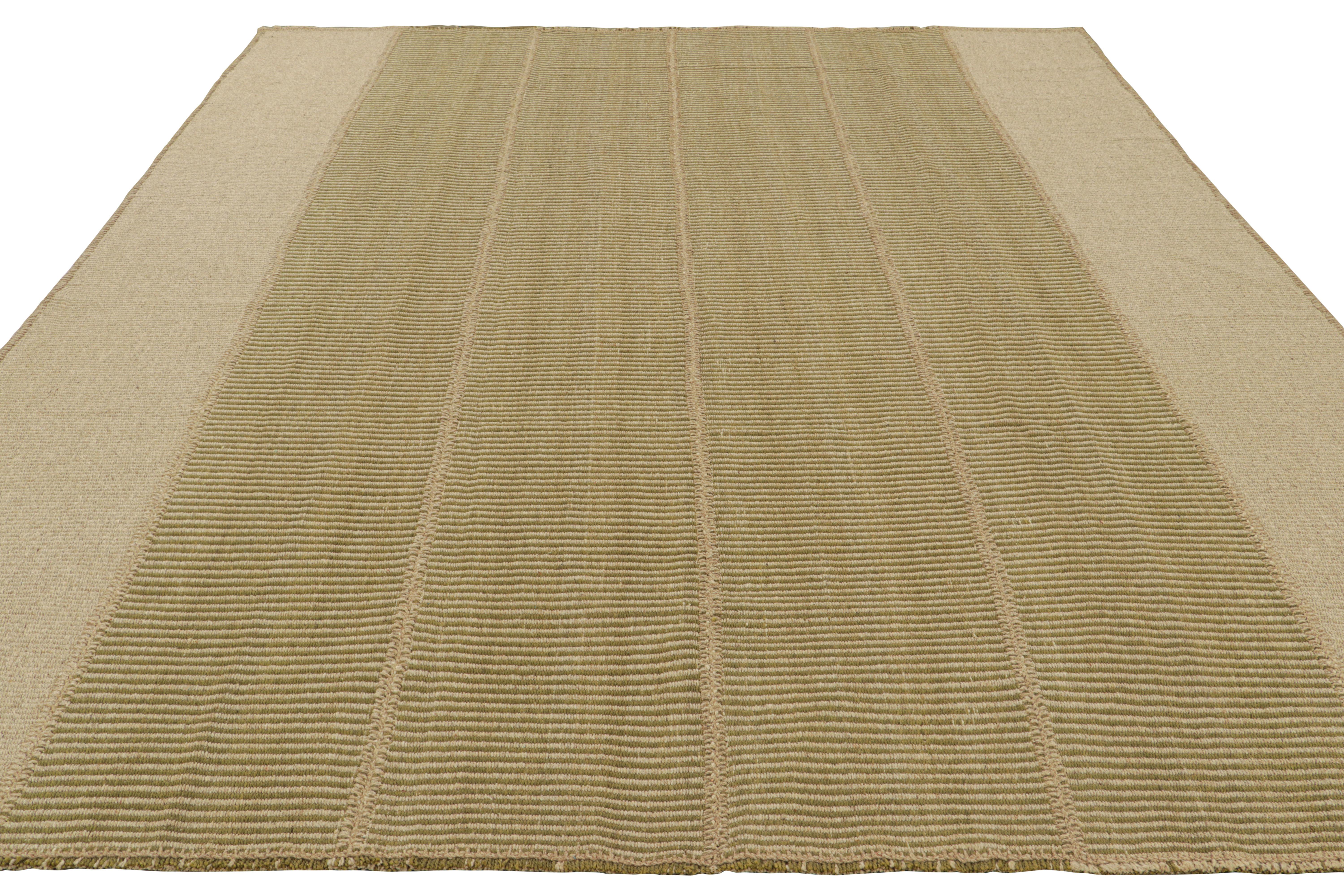 Hand-Woven Rug & Kilim’s Contemporary Kilim with Stripes in Green and Beige-Brown Accents For Sale