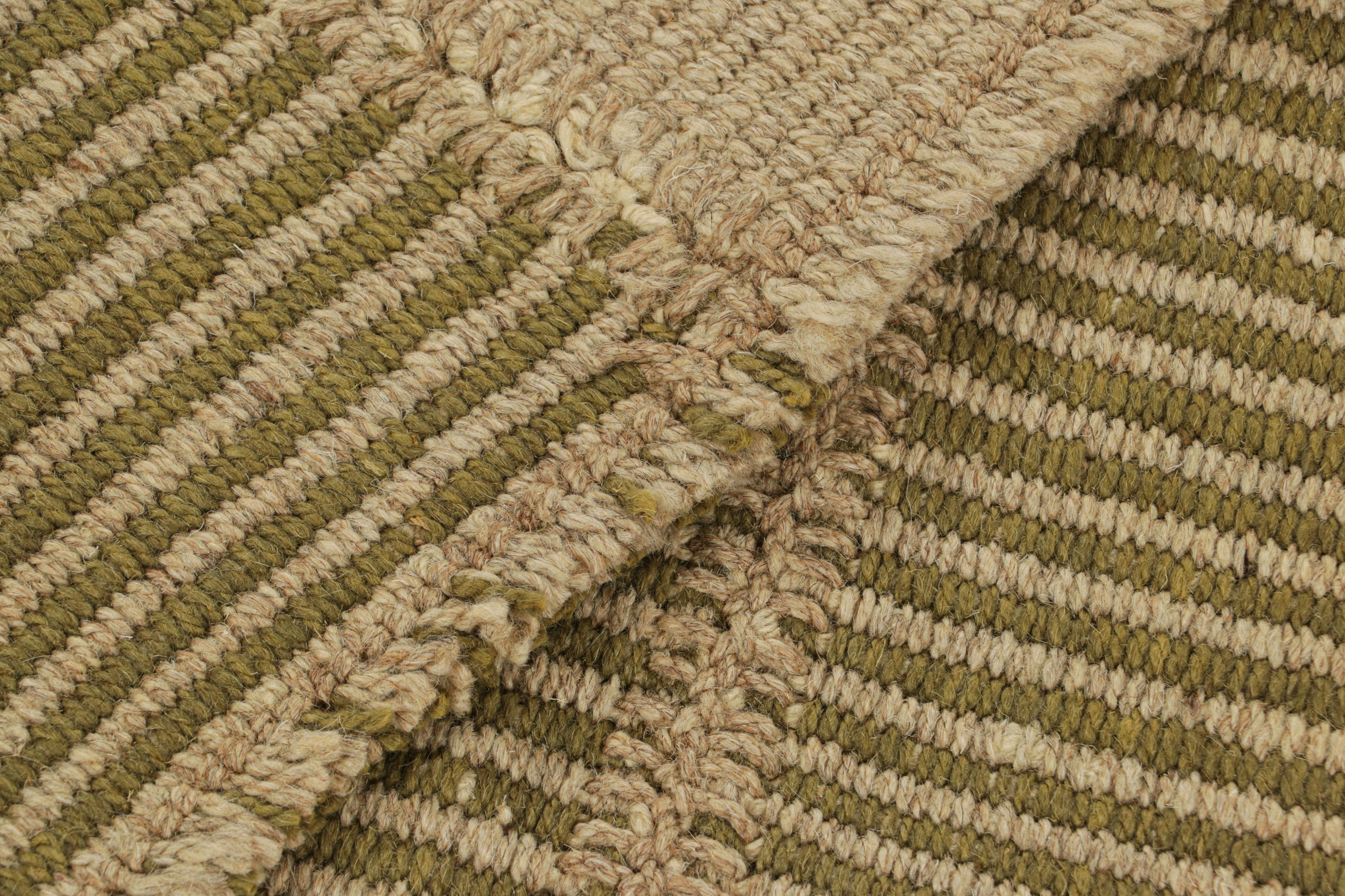 Wool Rug & Kilim’s Contemporary Kilim with Stripes in Green and Beige-Brown Accents For Sale