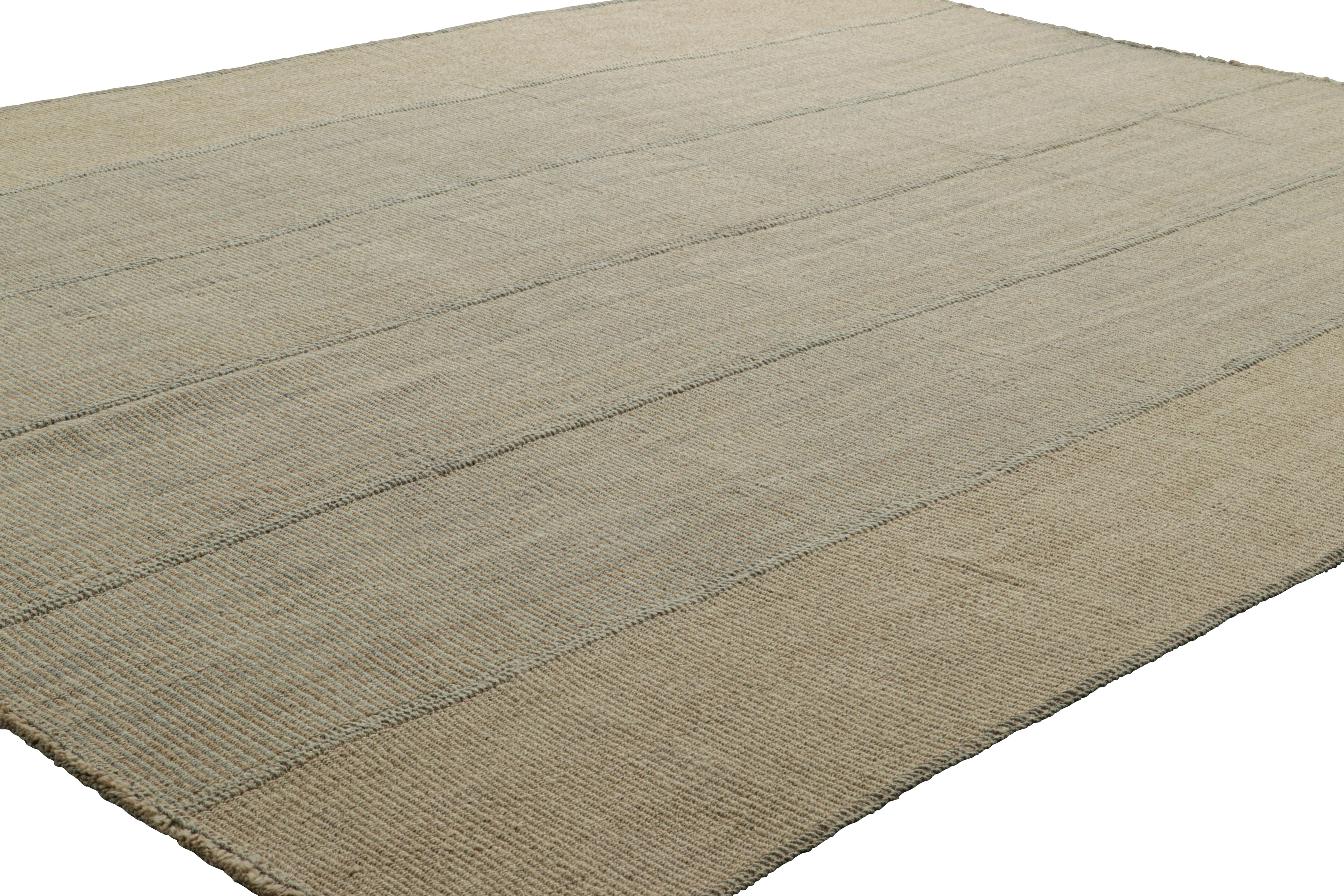 Hand-Woven Rug & Kilim’s Contemporary Kilim with Textural Beige and Blue Stripes For Sale