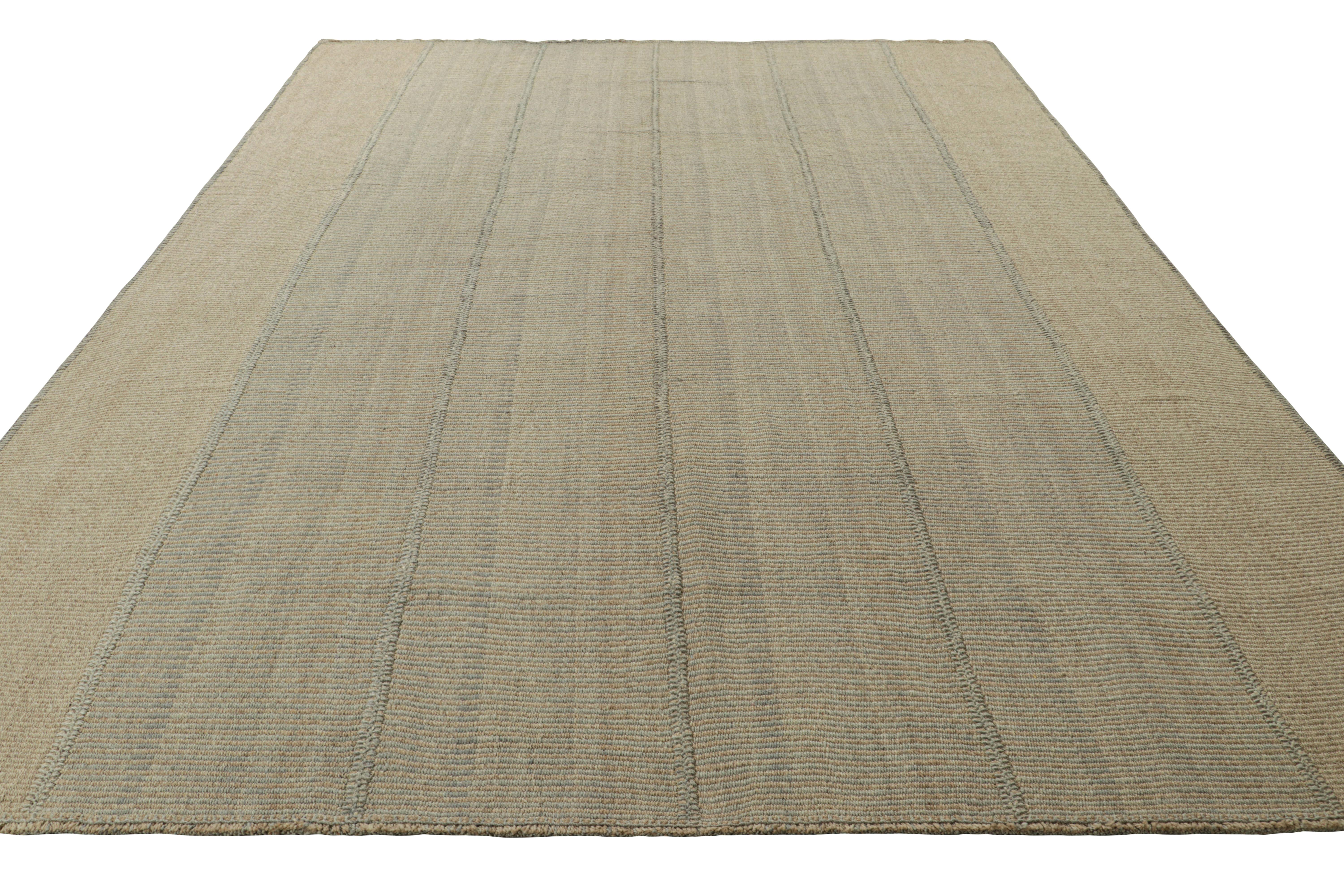Rug & Kilim’s Contemporary Kilim with Textural Beige and Blue Stripes In New Condition For Sale In Long Island City, NY