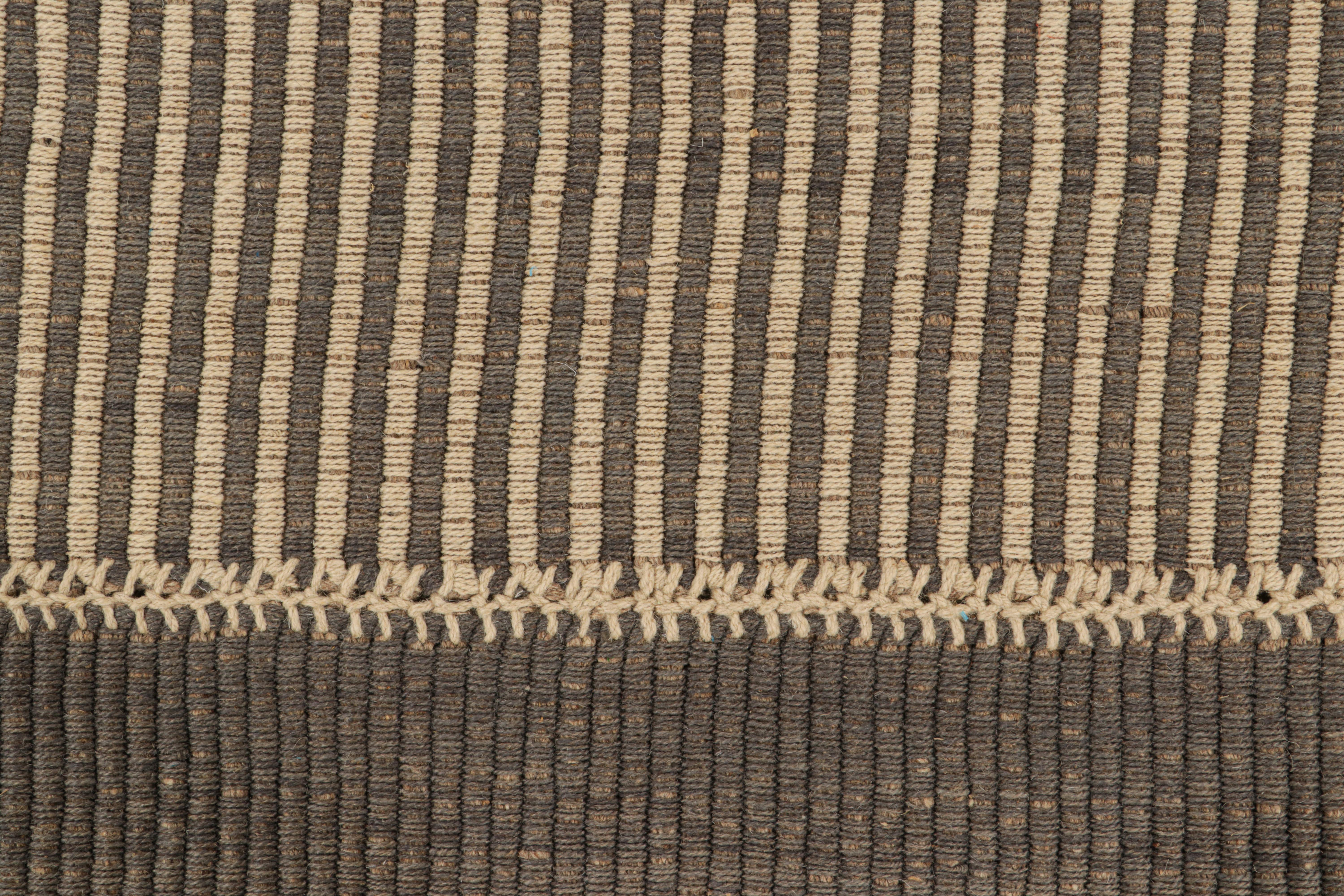 Afghan Rug & Kilim’s Contemporary Kilim with Textural Beige and Brown Stripes For Sale