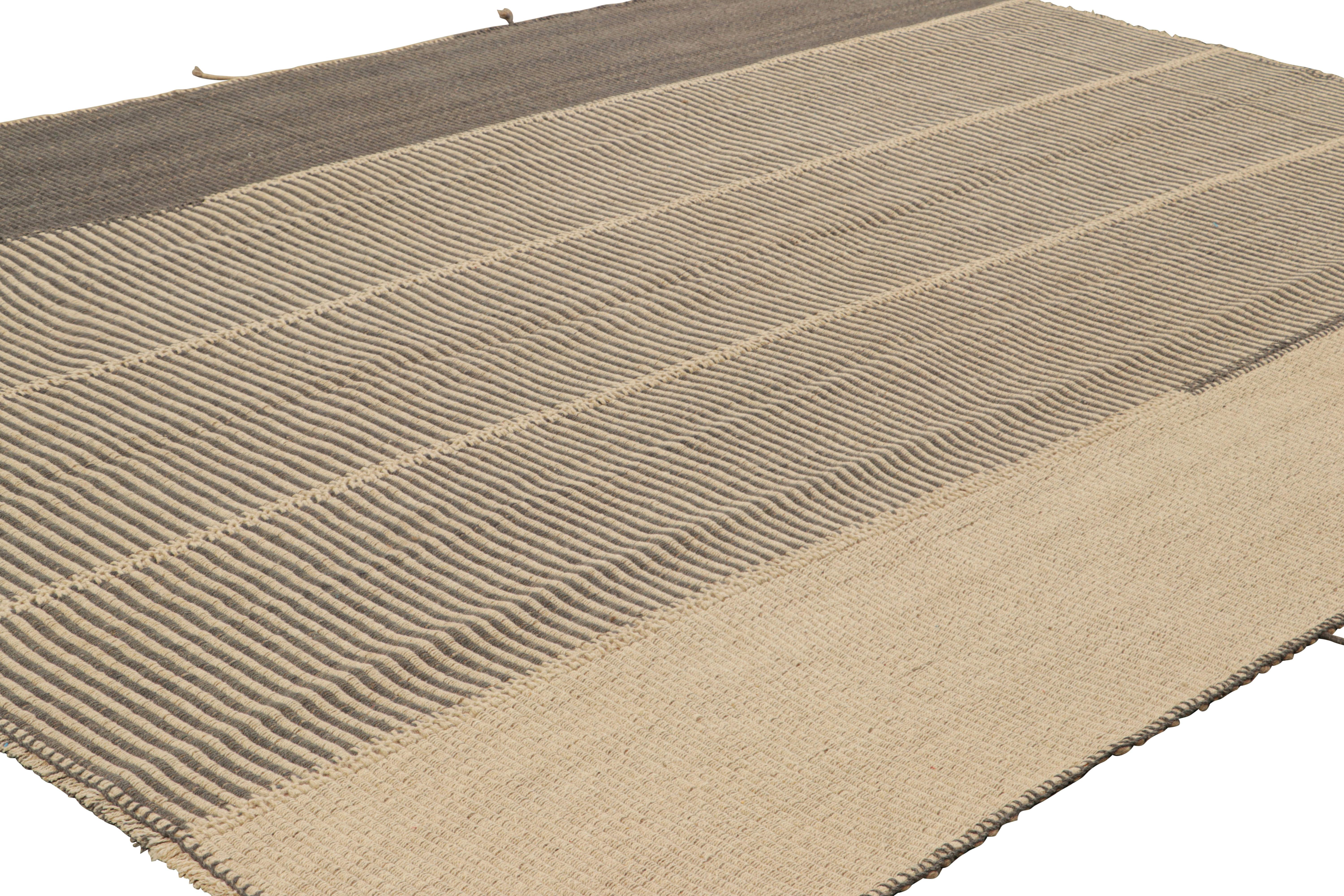 Hand-Woven Rug & Kilim’s Contemporary Kilim with Textural Beige and Brown Stripes For Sale